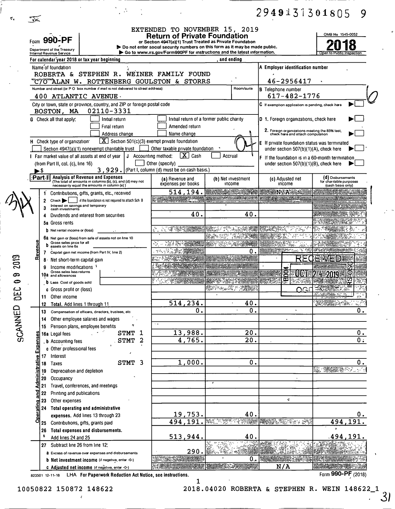 Image of first page of 2018 Form 990PF for Roberta and Stephen R. Weiner Family Foundation