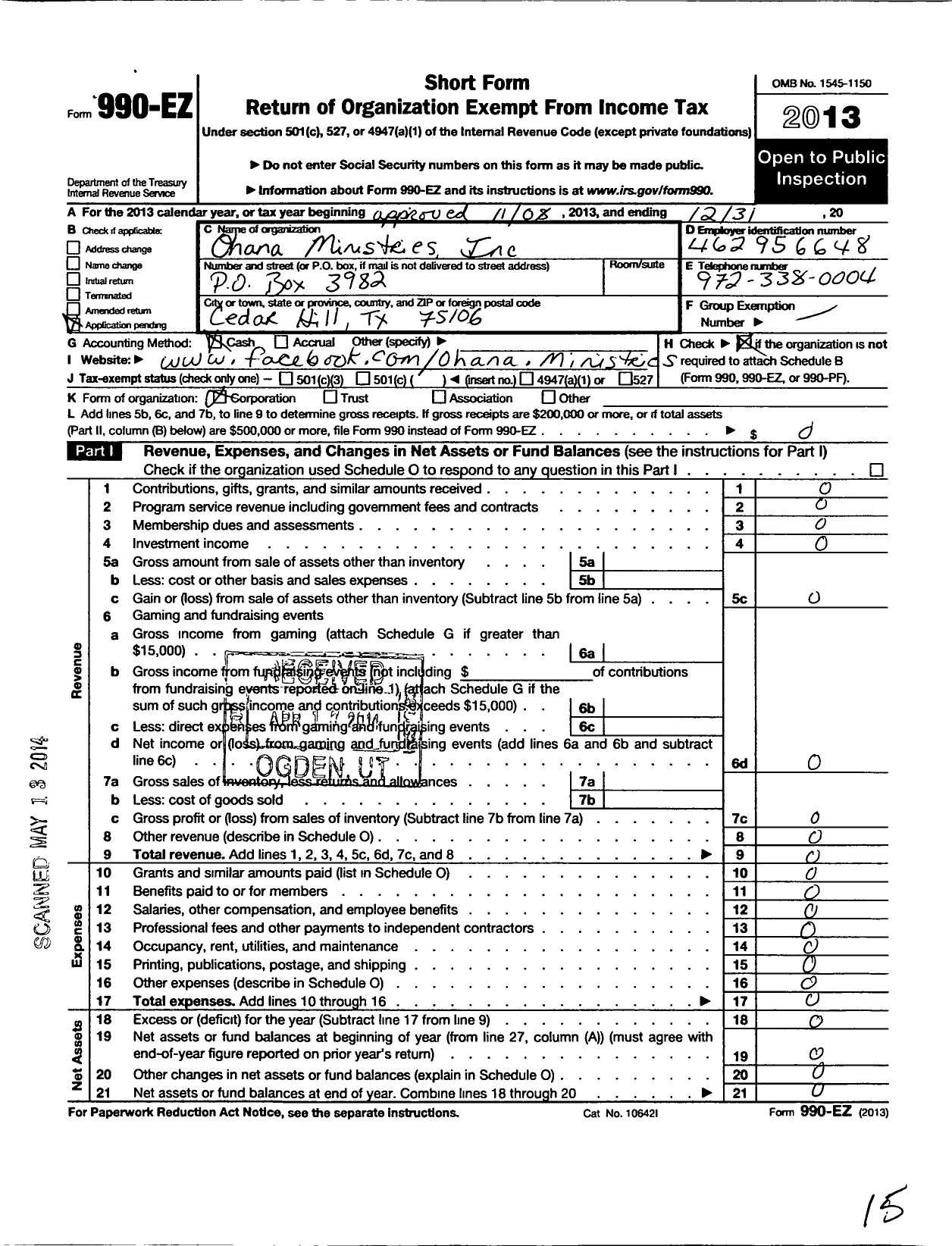 Image of first page of 2013 Form 990EO for Ohana Ministries