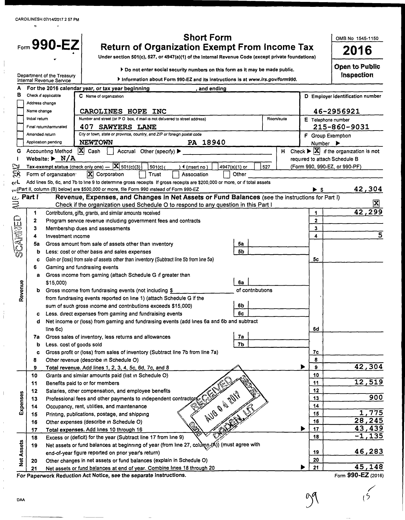 Image of first page of 2016 Form 990EZ for Carolines Hope