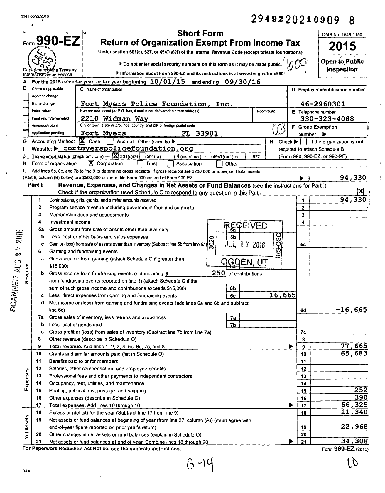 Image of first page of 2015 Form 990EZ for Fort Myers Police Foundation