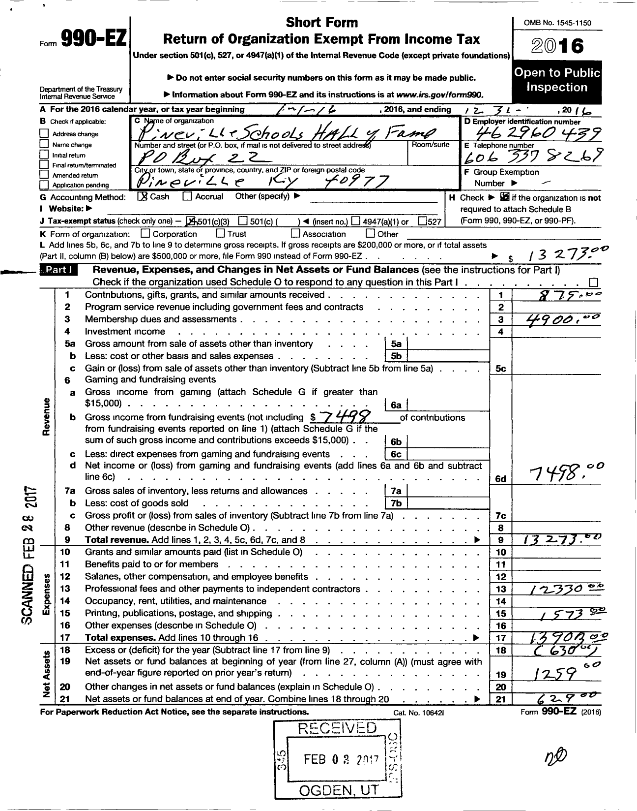 Image of first page of 2016 Form 990EZ for Pineville Schools Hall of Fame