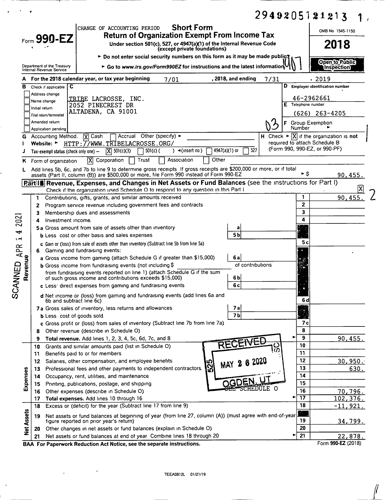 Image of first page of 2018 Form 990EZ for Tribe Lacrosse