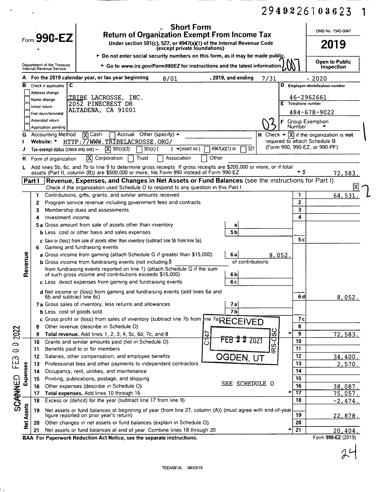 Image of first page of 2019 Form 990EZ for Tribe Lacrosse