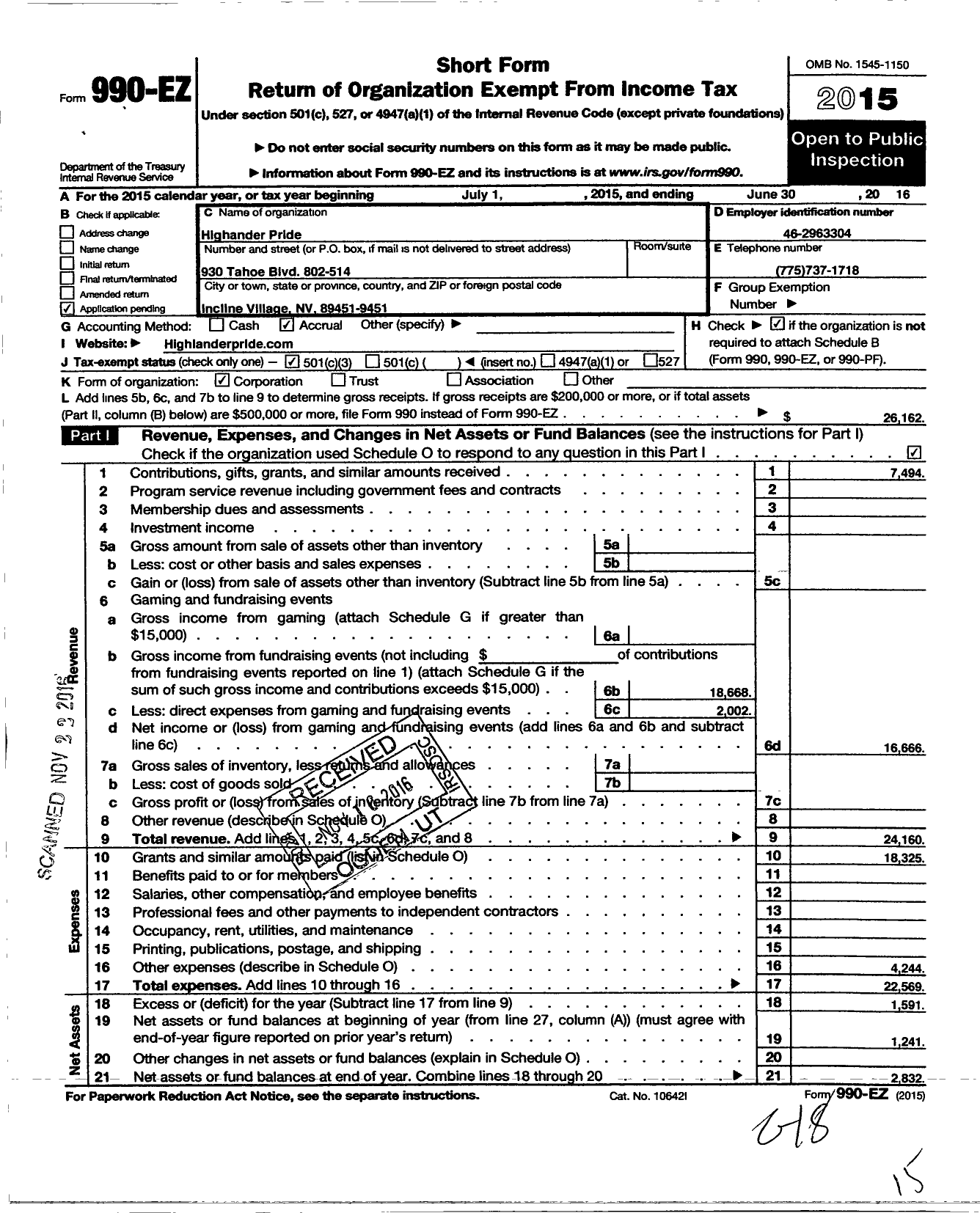 Image of first page of 2015 Form 990EZ for Highlander Pride