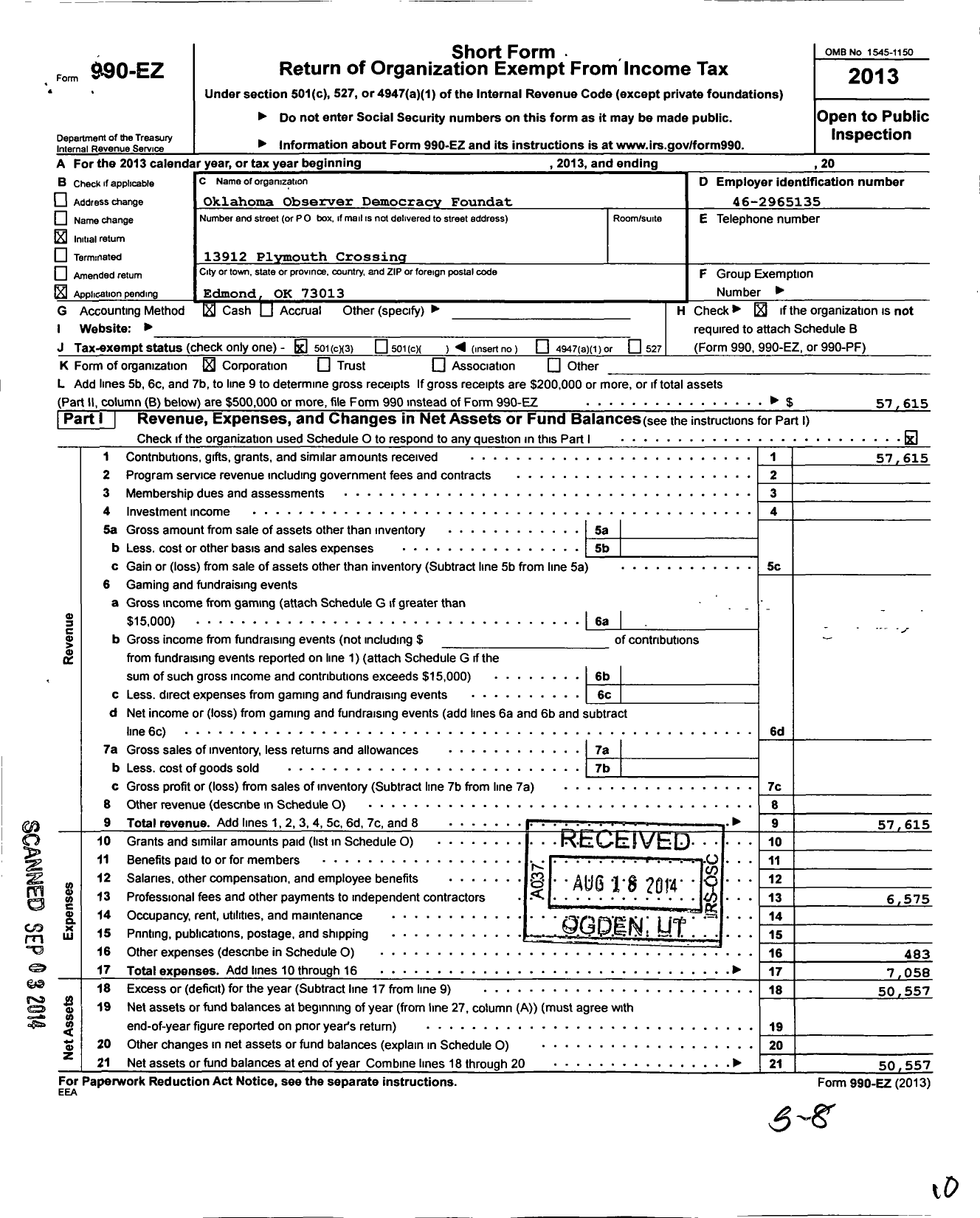 Image of first page of 2013 Form 990EZ for Oklahoma Observer Democracy Foundation