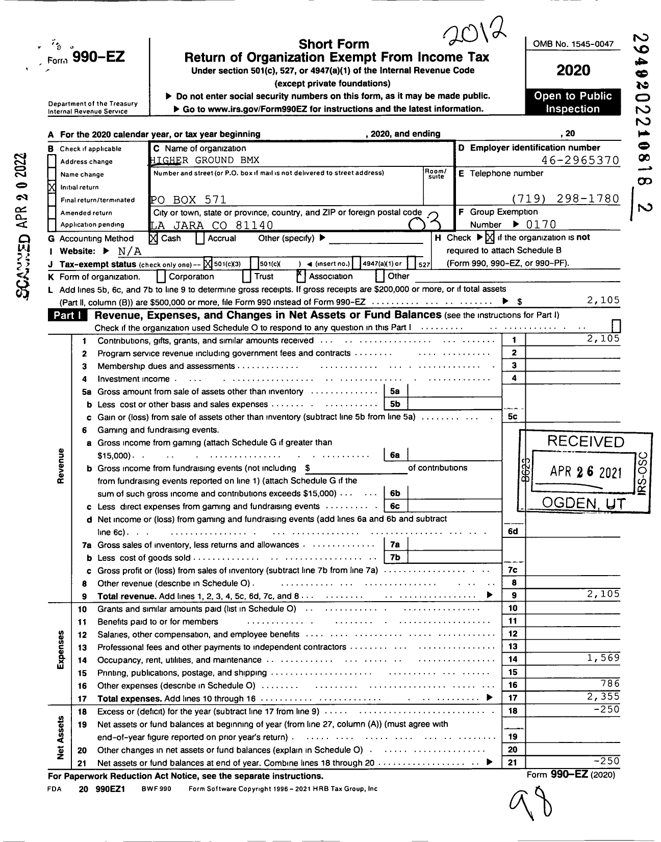 Image of first page of 2020 Form 990EZ for Higher Ground BMX