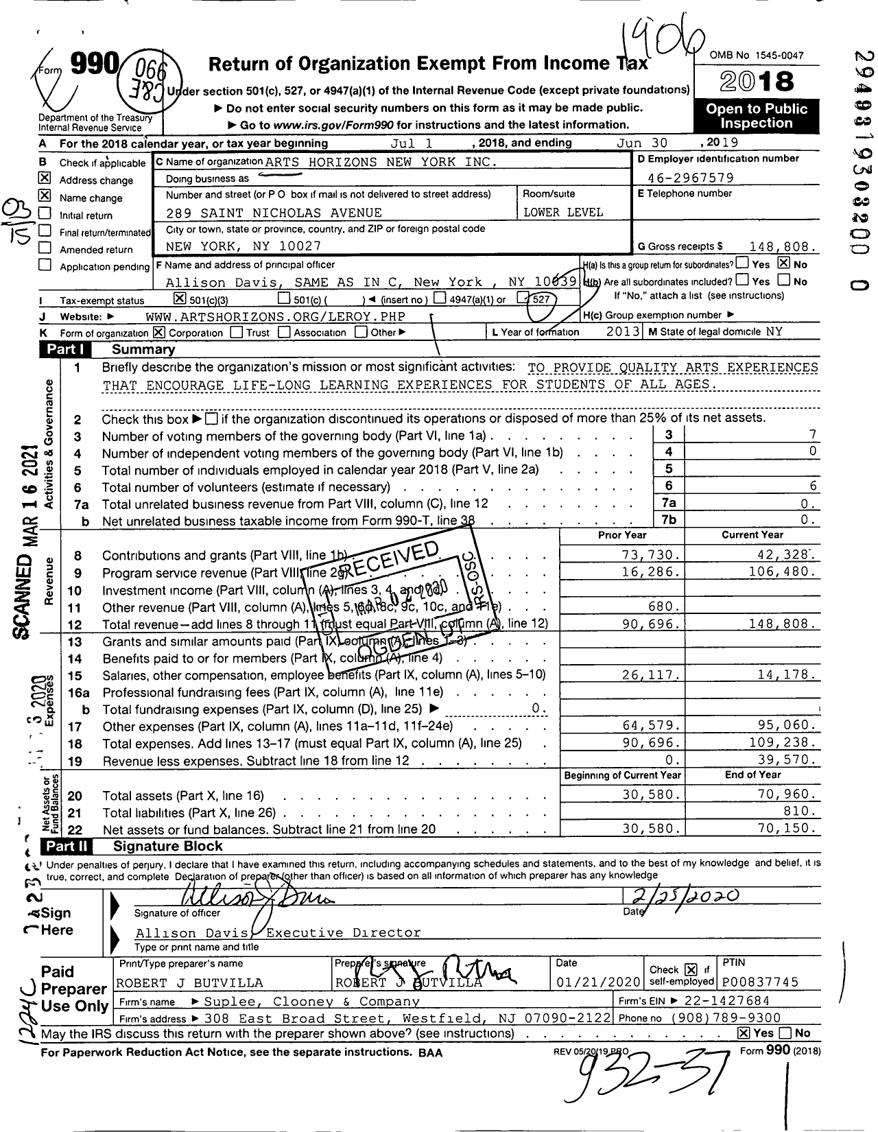 Image of first page of 2018 Form 990 for Arts Horizons New York