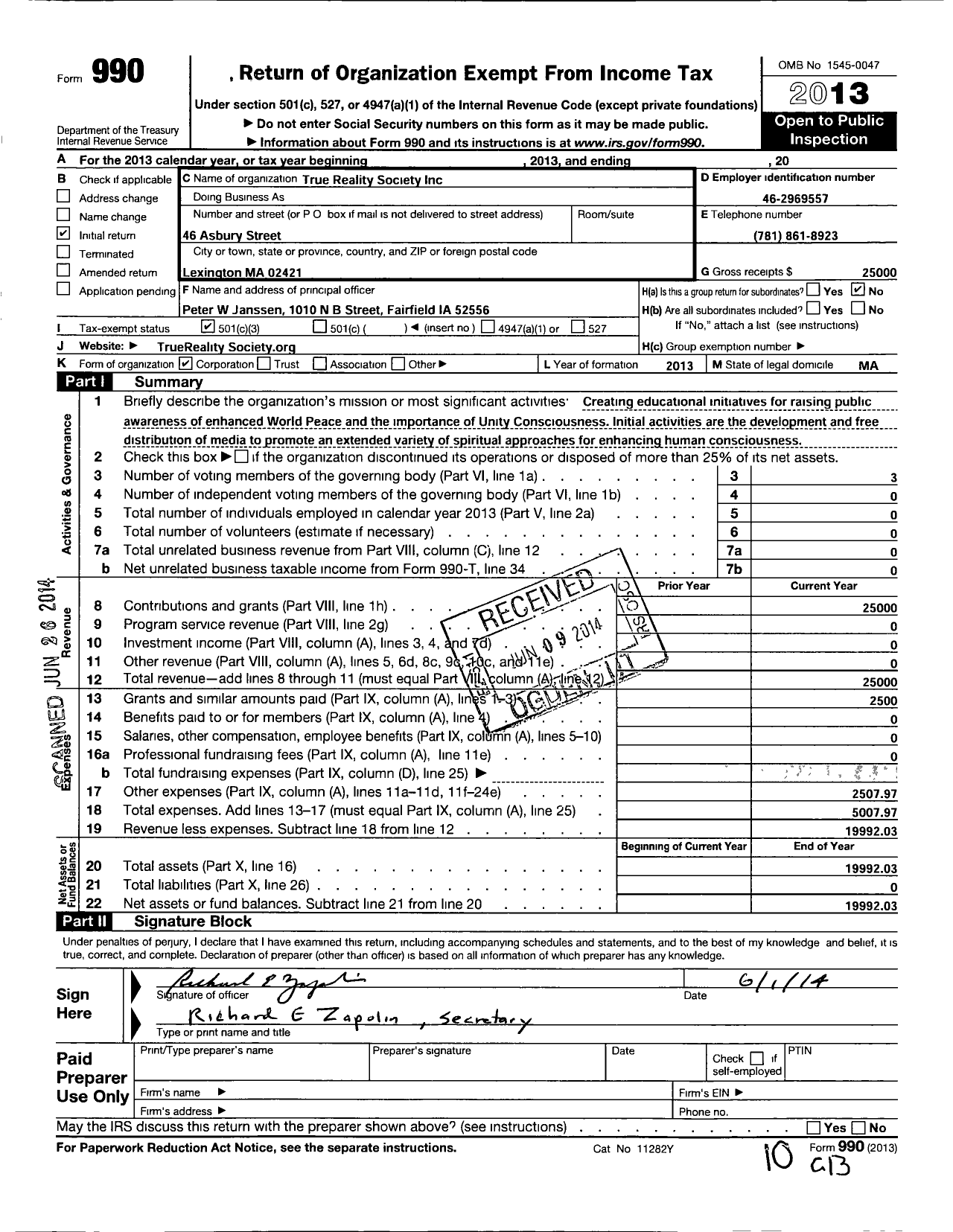 Image of first page of 2013 Form 990 for True Reality Society