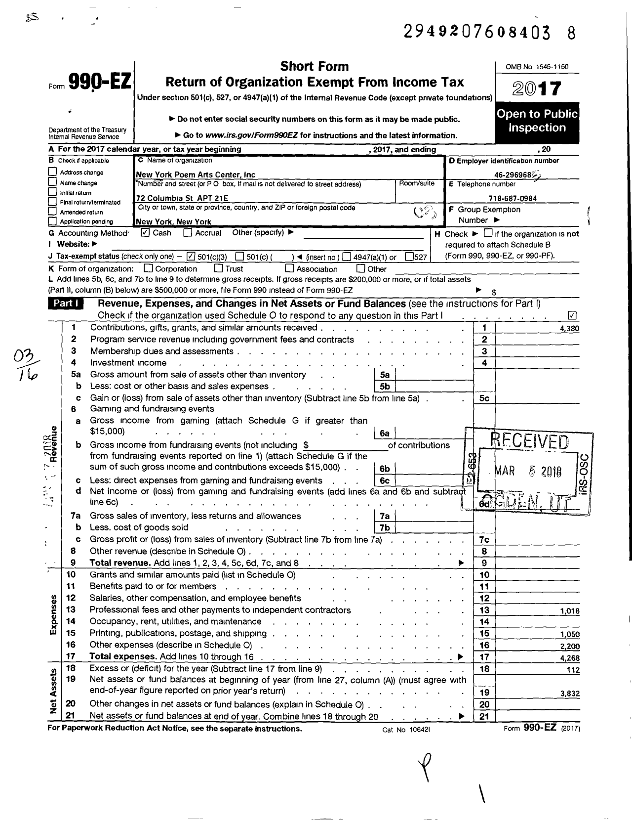 Image of first page of 2017 Form 990EZ for New York Poem Arts Center