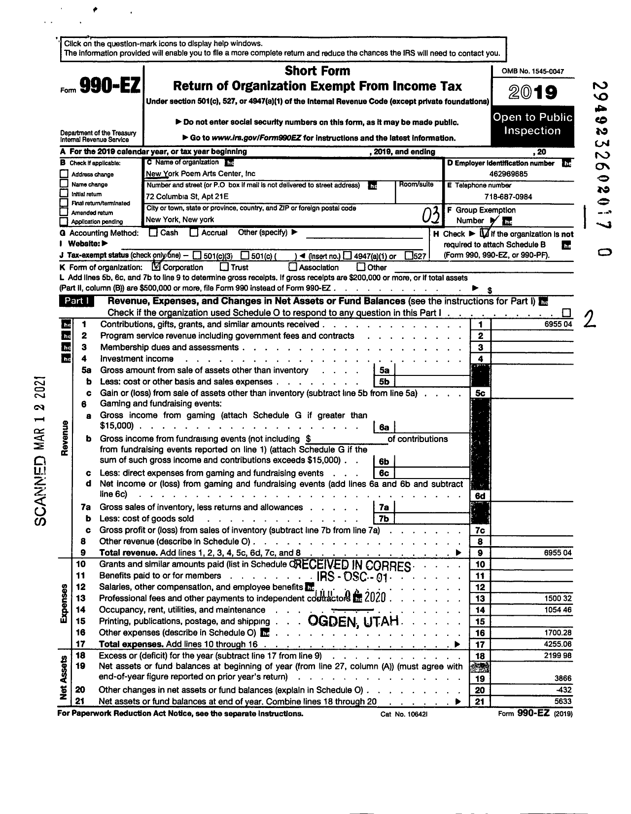 Image of first page of 2019 Form 990EZ for New York Poem Arts Center