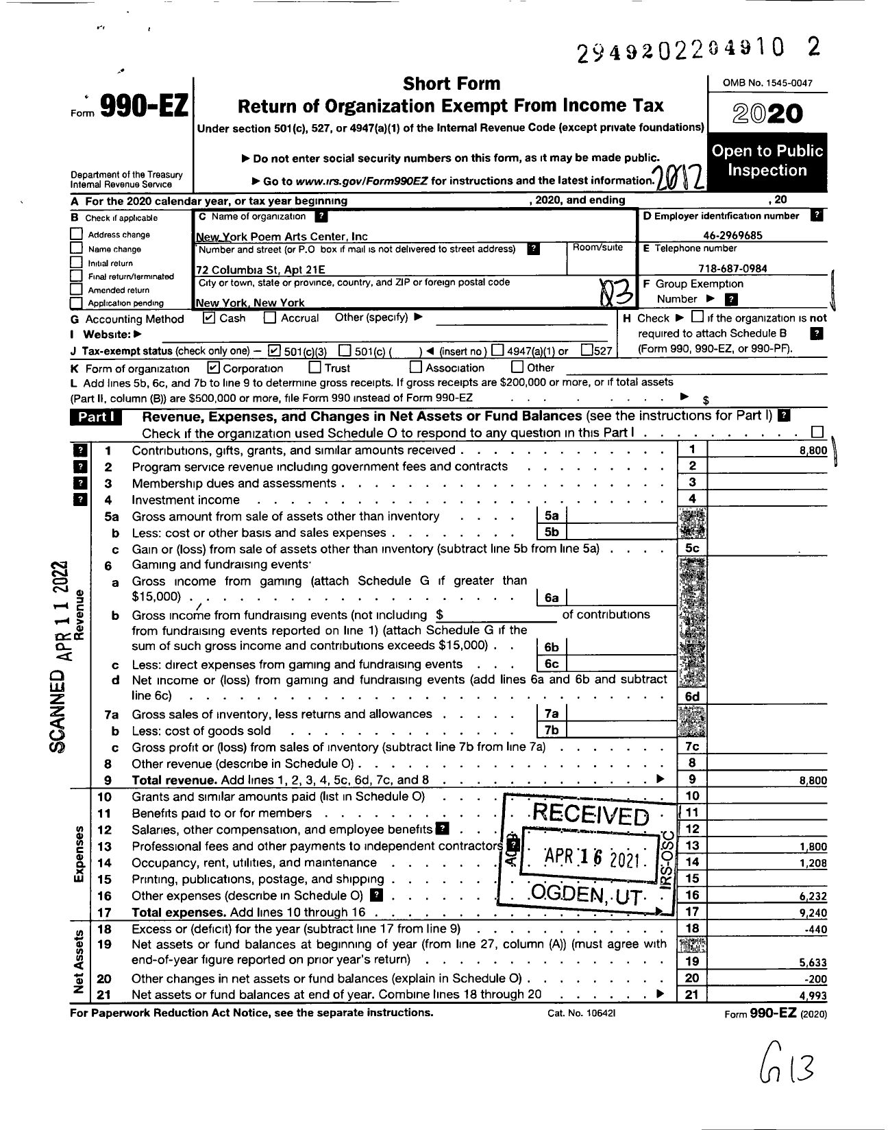 Image of first page of 2020 Form 990EZ for New York Poem Arts Center