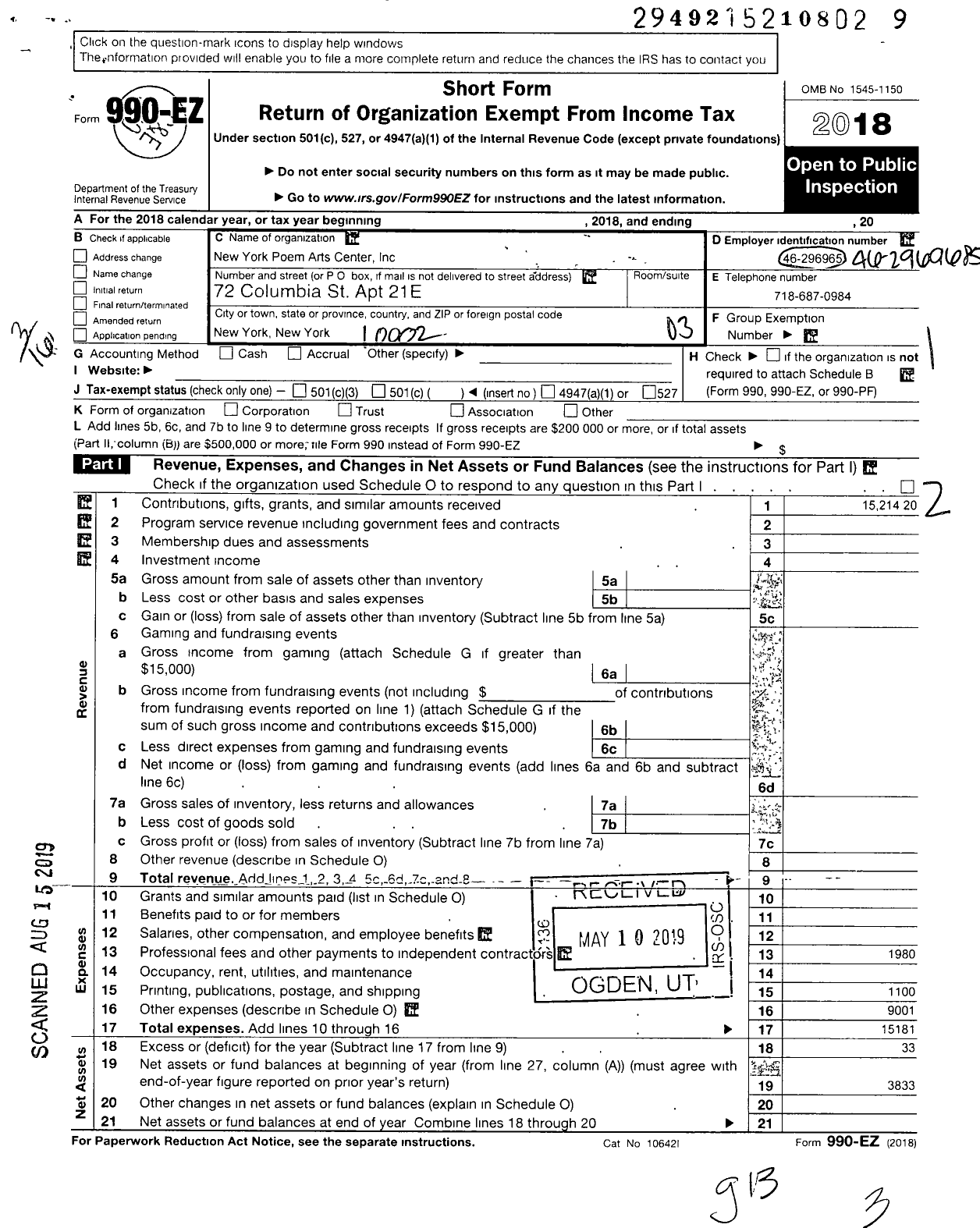 Image of first page of 2018 Form 990EZ for New York Poem Arts Center