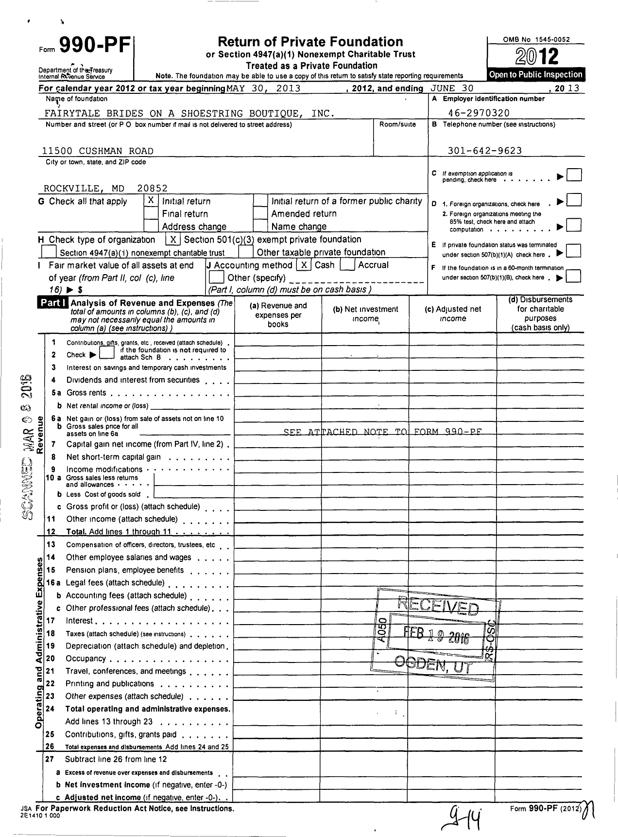 Image of first page of 2012 Form 990PF for Fairytale Brides on a Shoestring Boutique