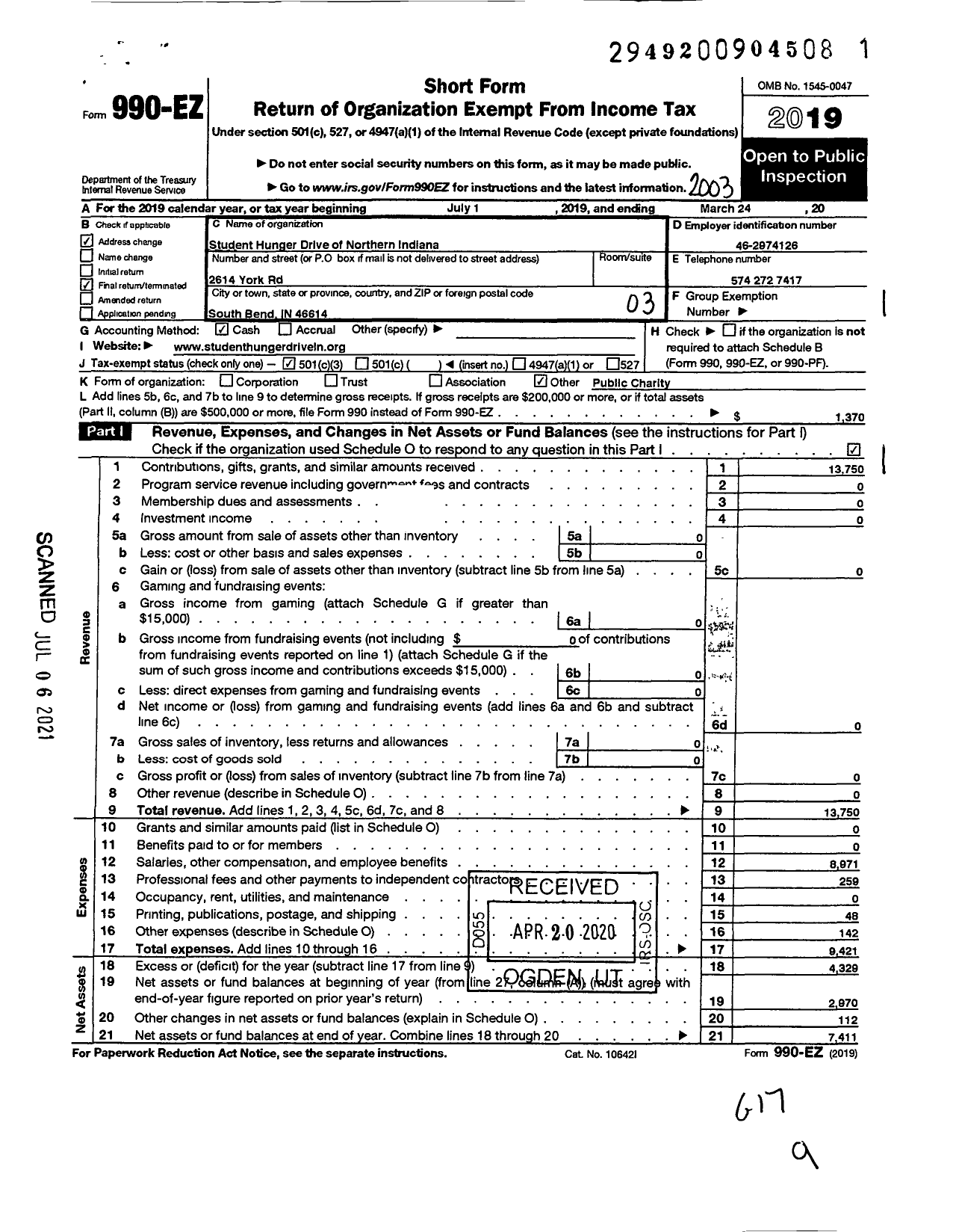 Image of first page of 2019 Form 990EZ for Student Hunger Drive of Northern Indiana