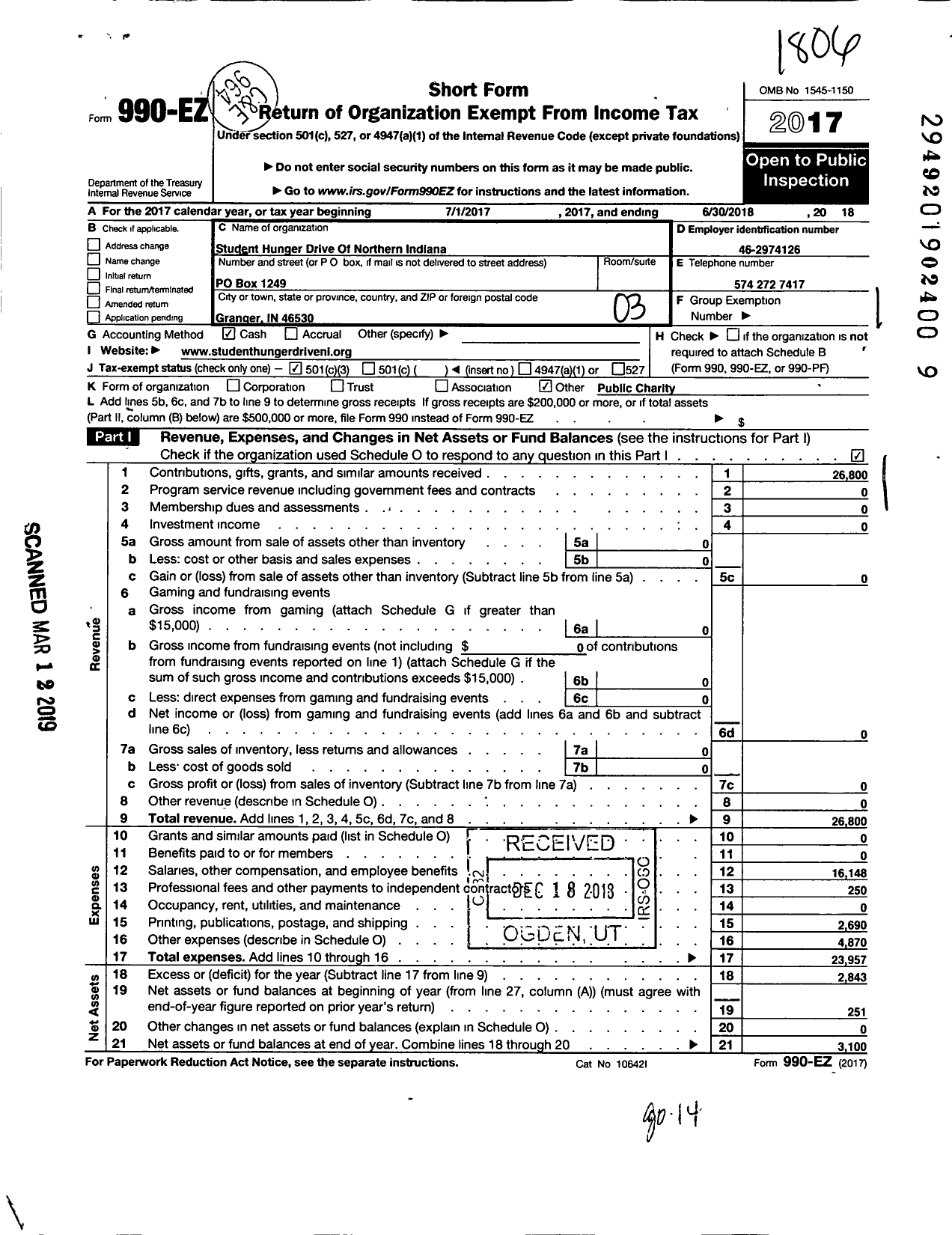 Image of first page of 2017 Form 990EZ for Student Hunger Drive of Northern Indiana