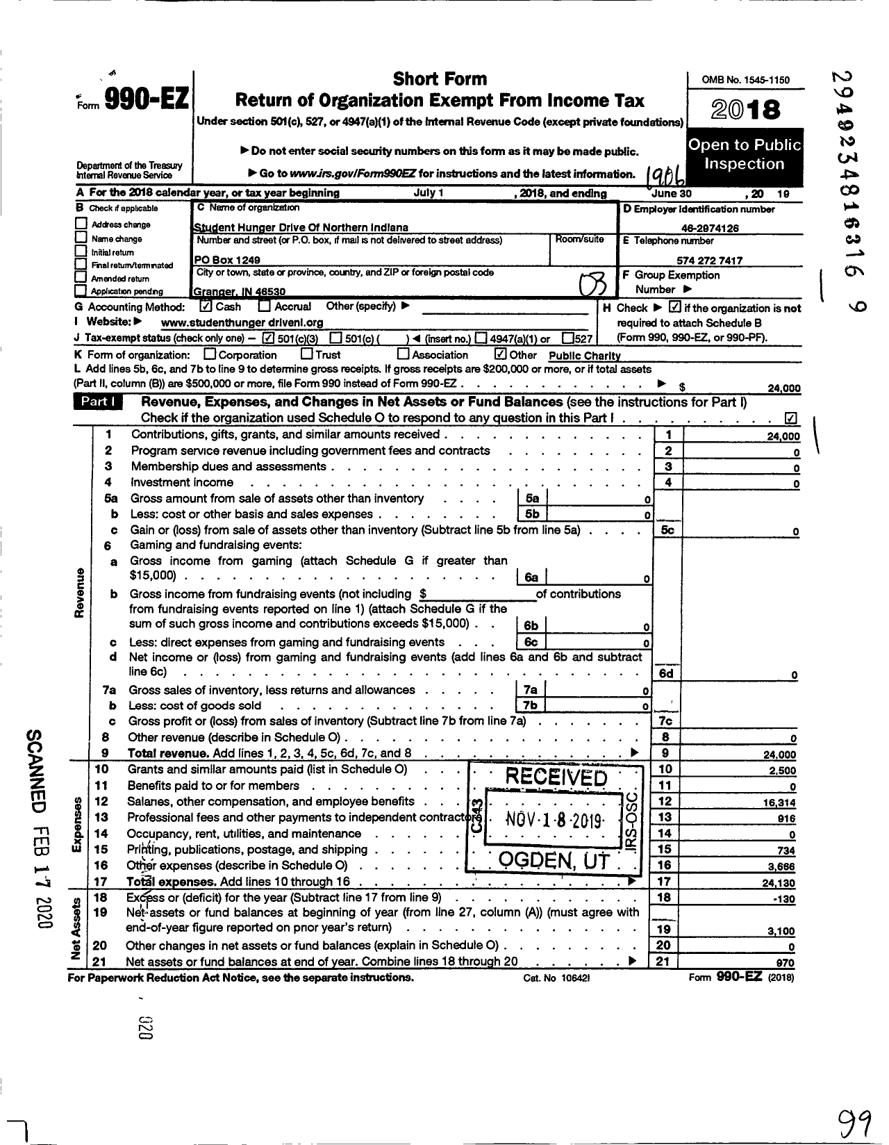 Image of first page of 2018 Form 990EZ for Student Hunger Drive of Northern Indiana