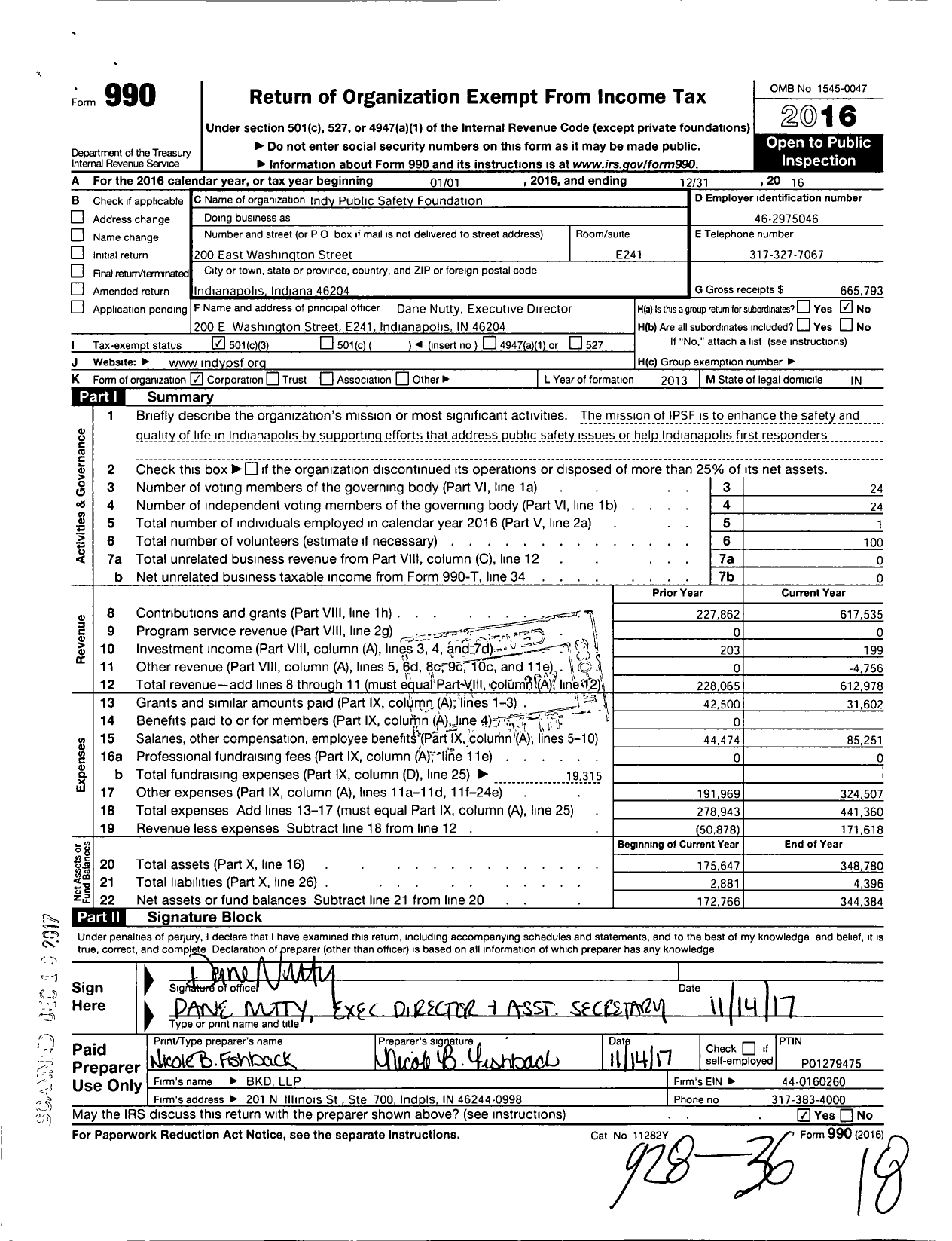 Image of first page of 2016 Form 990 for Indy Public Safety Foundation