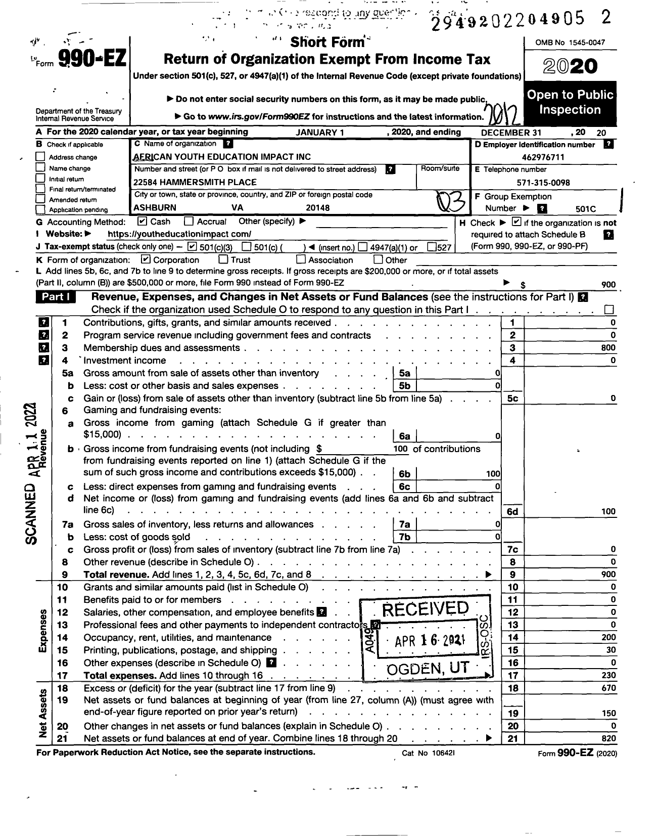 Image of first page of 2020 Form 990EZ for African Youth Education Impact