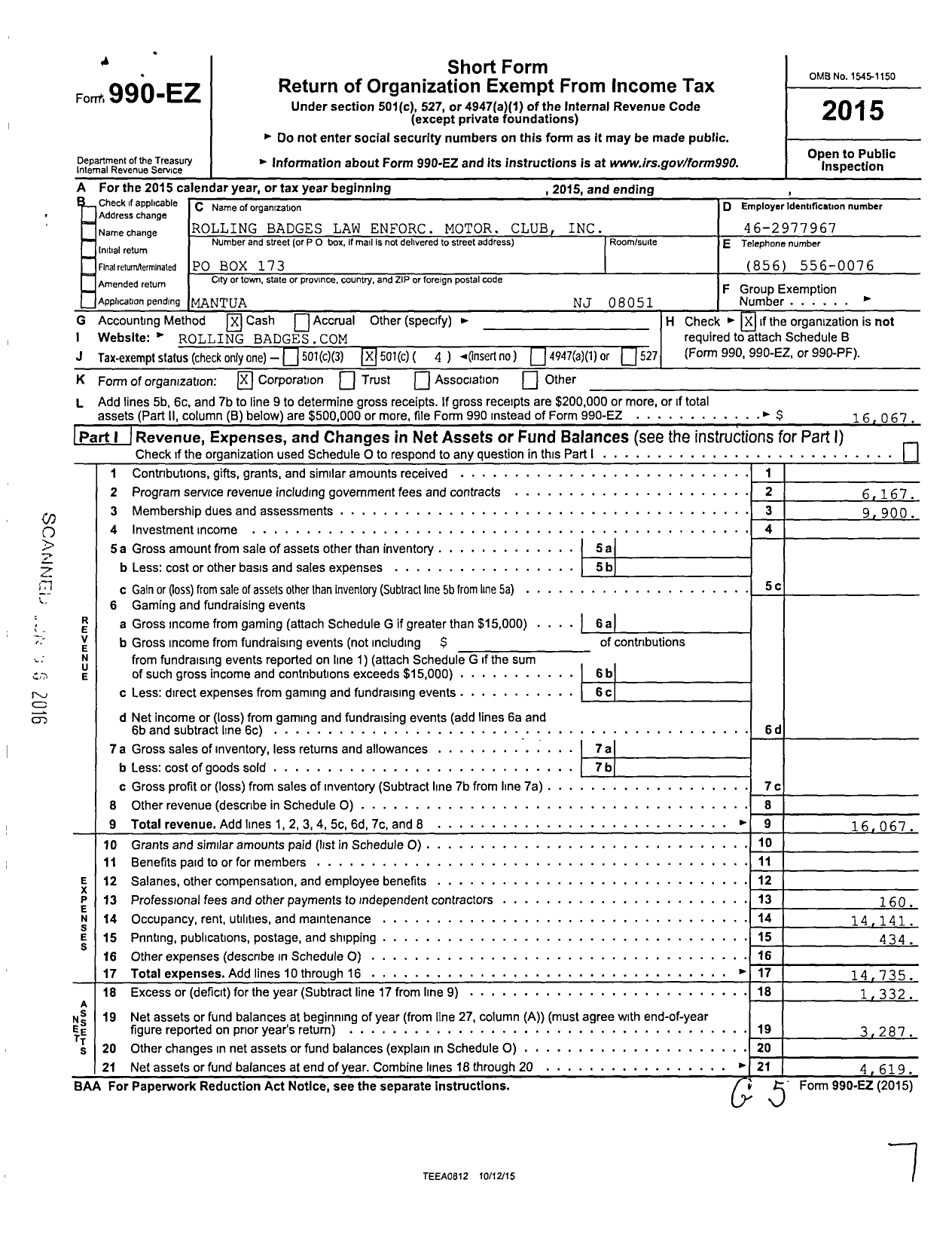 Image of first page of 2015 Form 990EO for Rolling Badges Law Enforc Motor Club