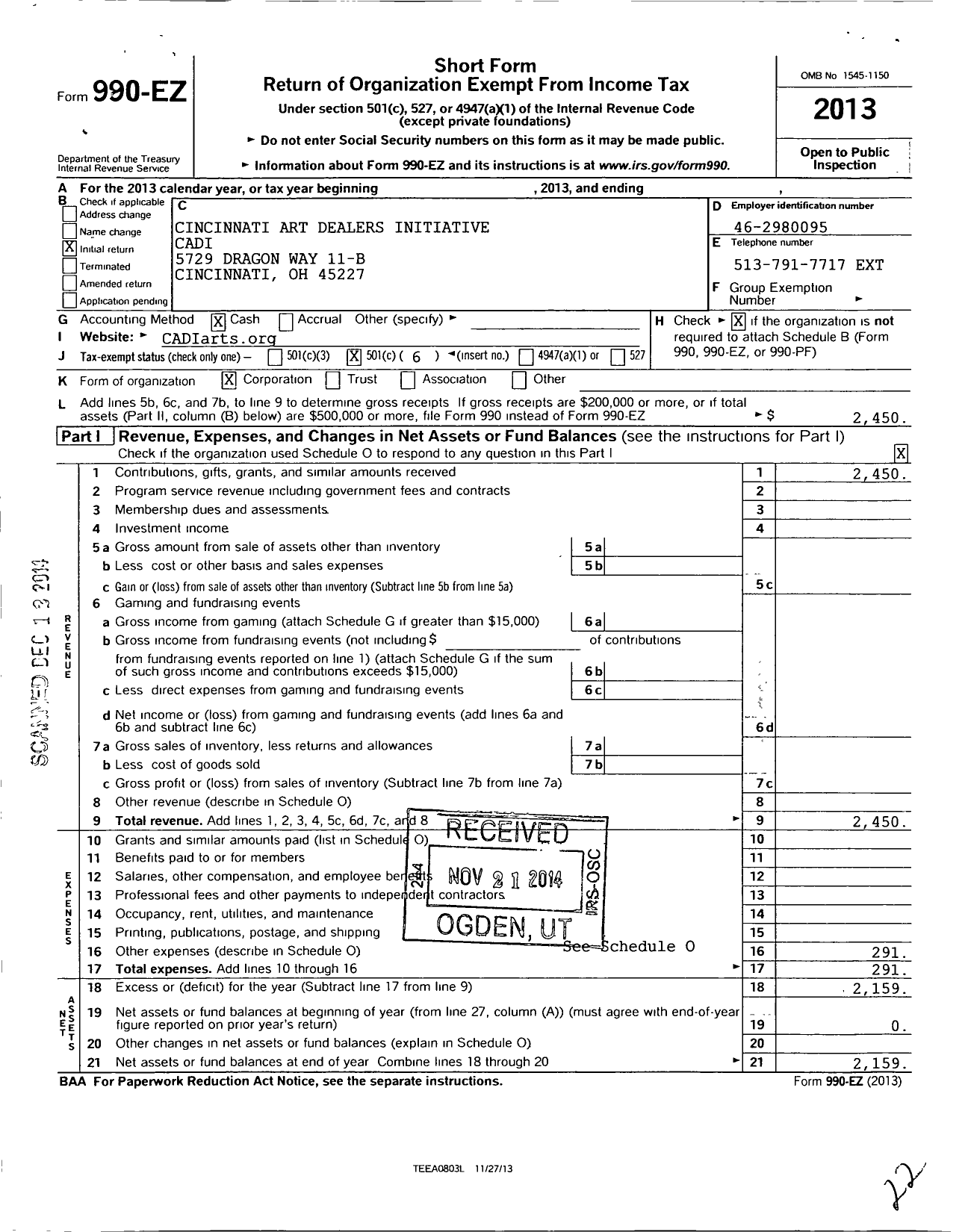 Image of first page of 2013 Form 990EO for Cincinnati Art Dealers Initiative (CADI)