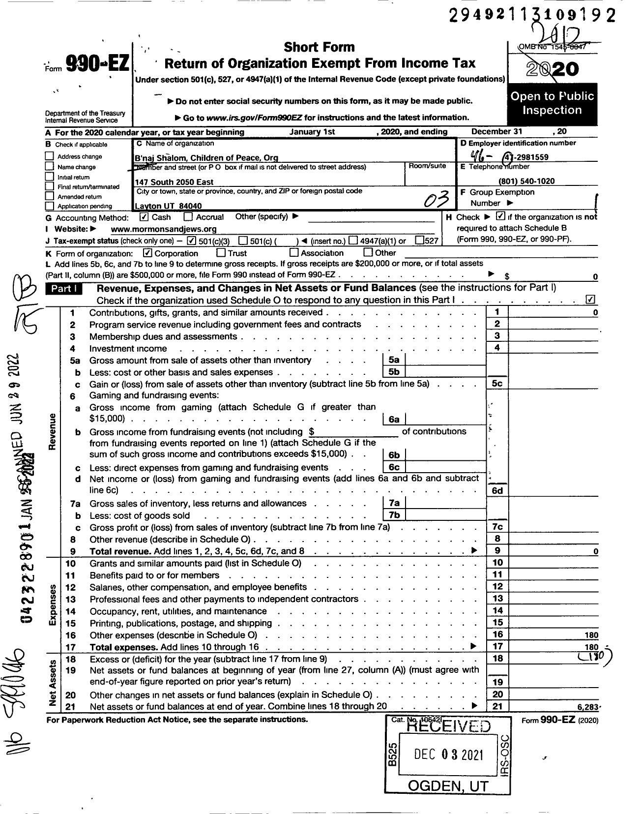 Image of first page of 2020 Form 990EZ for Bnai Shalom Children of Peace Org