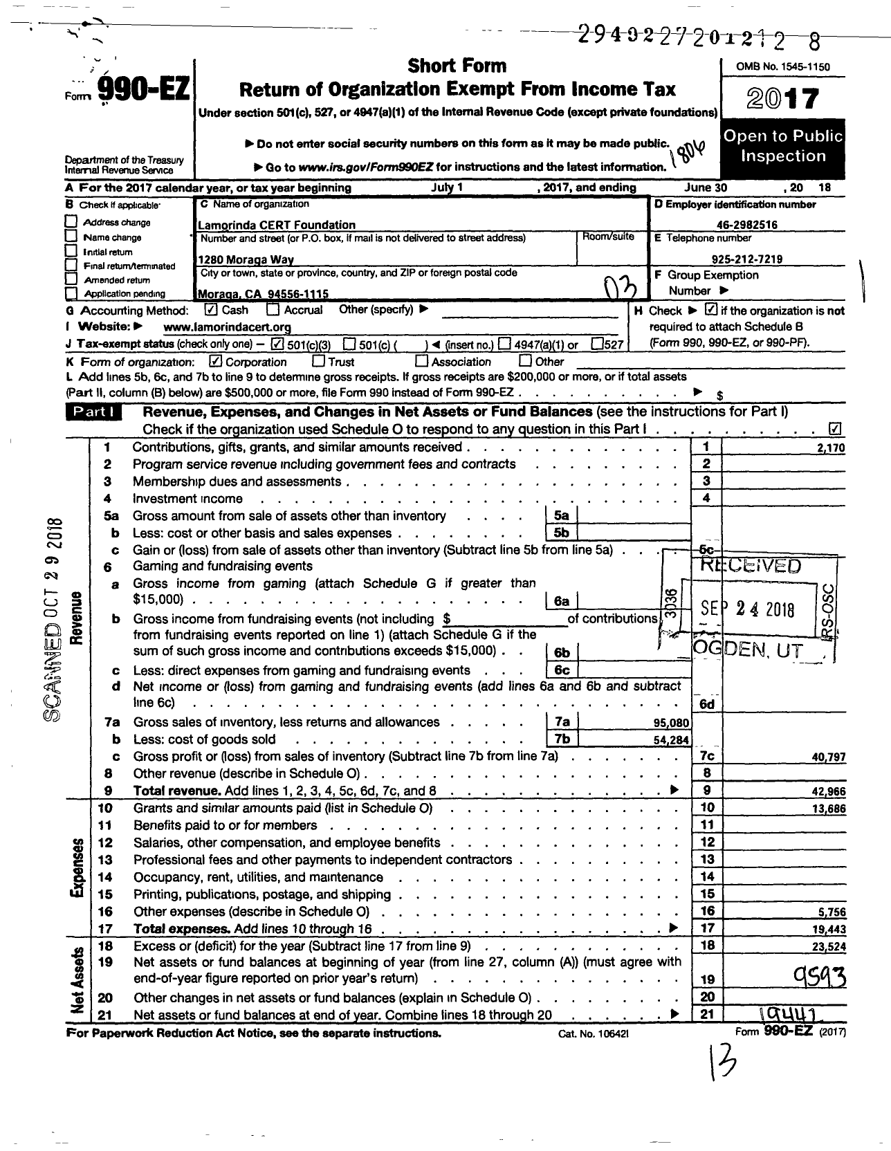 Image of first page of 2017 Form 990EZ for Lamorinda Cert Foundation