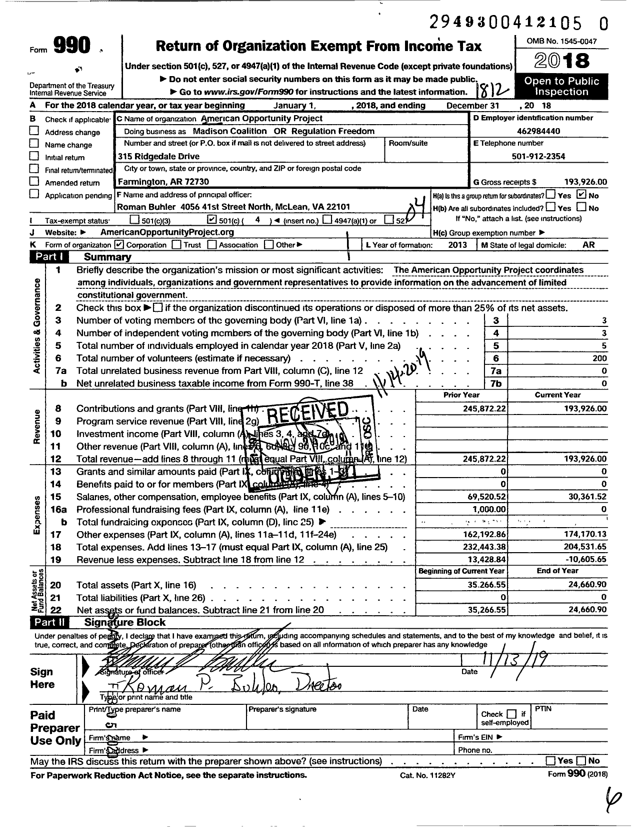 Image of first page of 2018 Form 990O for American Opportunity Project