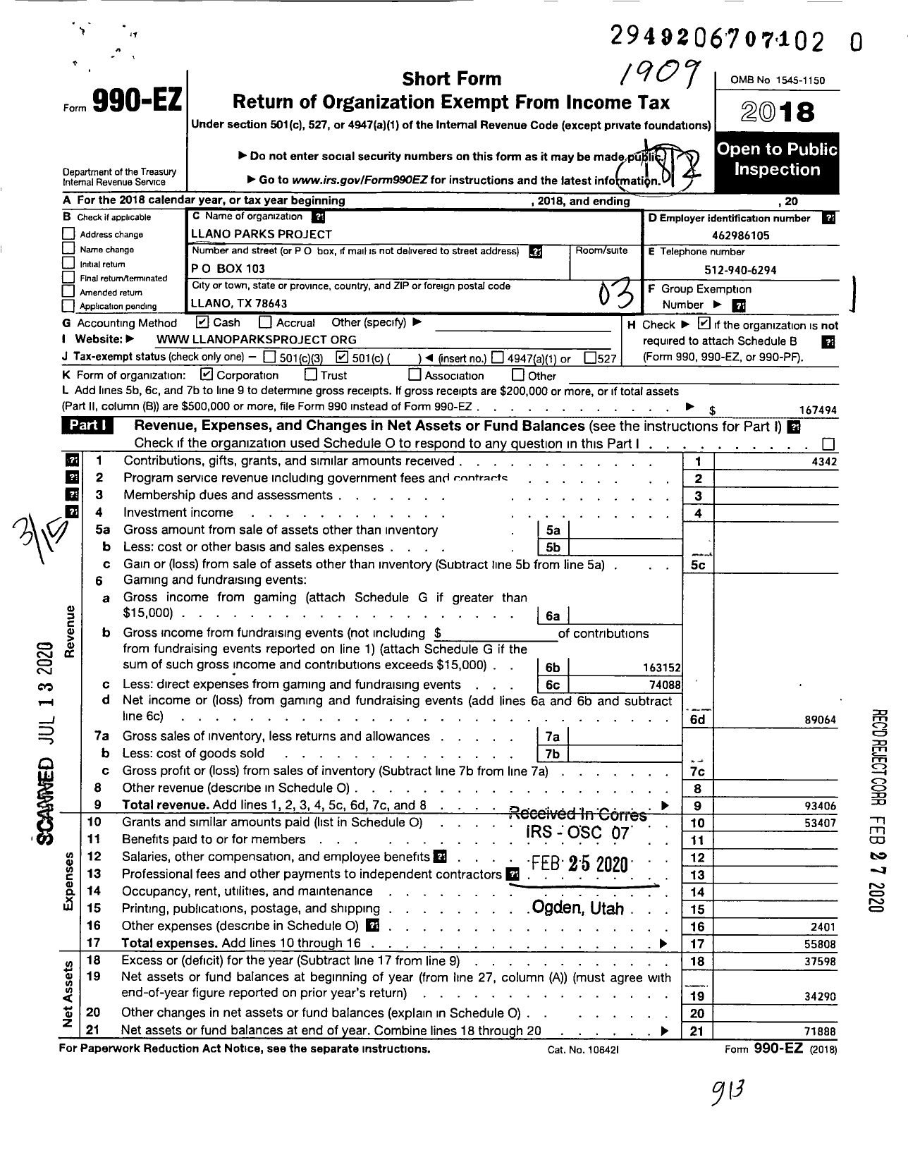 Image of first page of 2018 Form 990EZ for LLano Parks Project