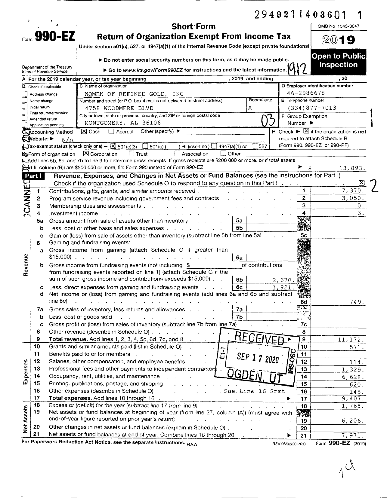 Image of first page of 2019 Form 990EZ for Women of Refined Gold