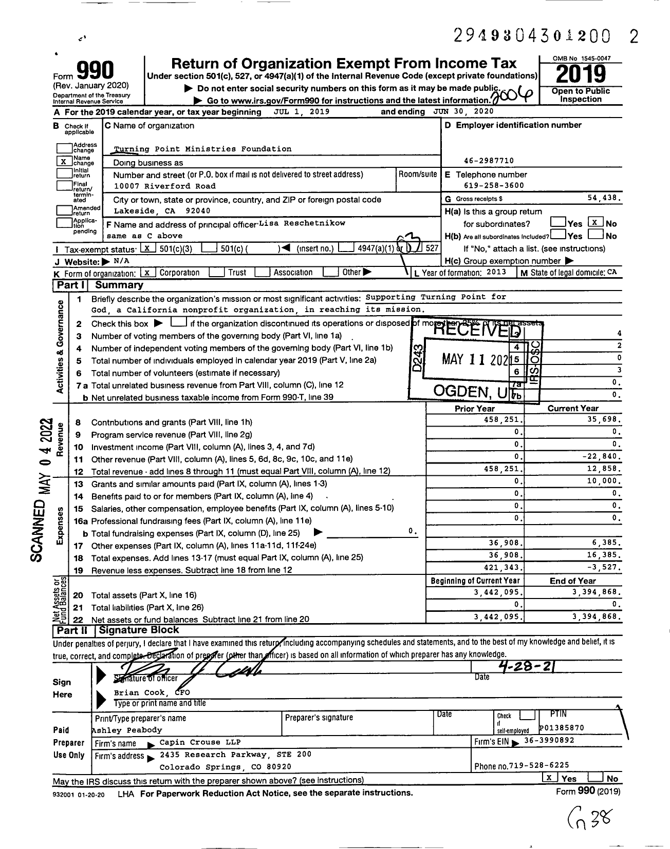 Image of first page of 2019 Form 990 for Turning Point Ministries Foundation