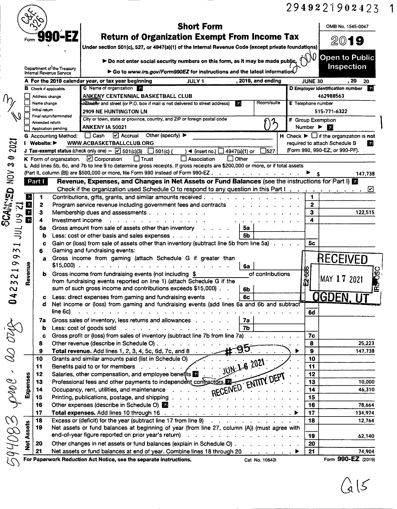 Image of first page of 2019 Form 990EZ for Ankeny Centennial Basketball Club