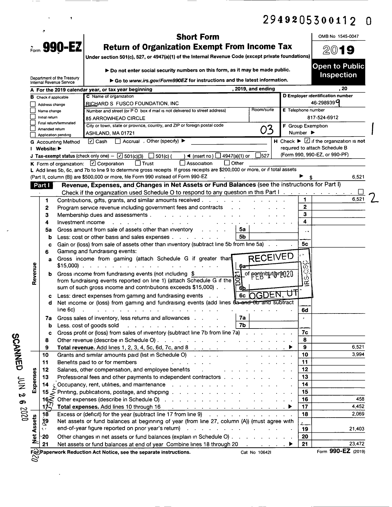 Image of first page of 2019 Form 990EZ for Richard S Fusco Foundation