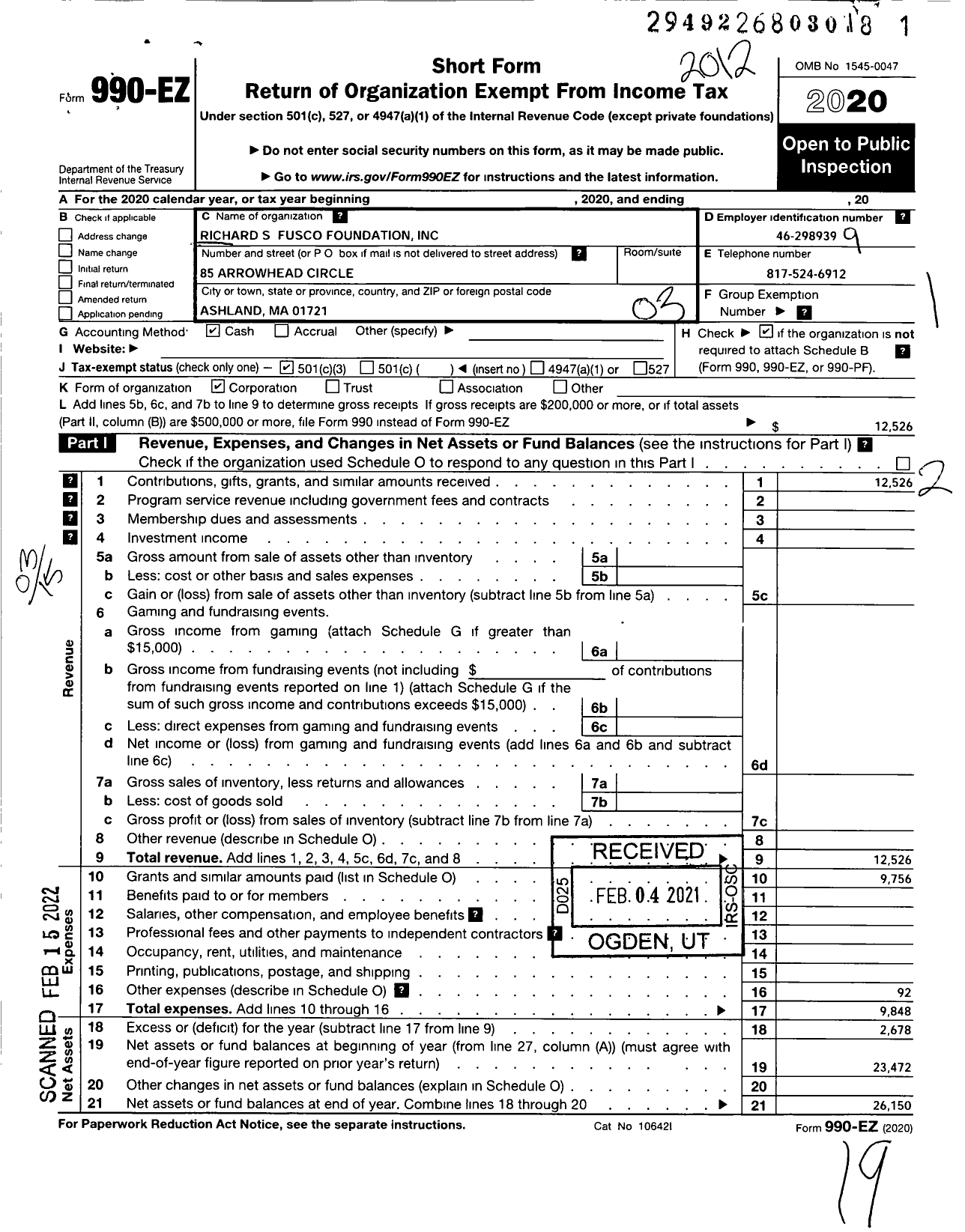 Image of first page of 2020 Form 990EZ for Richard S Fusco Foundation