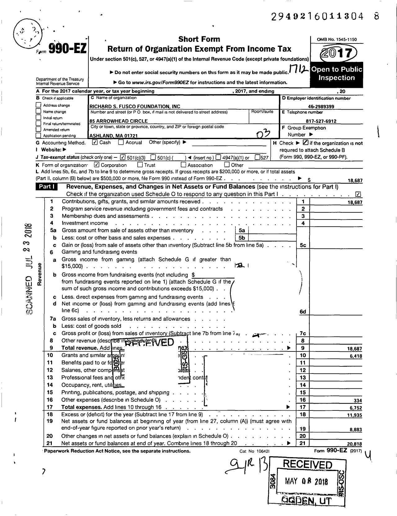 Image of first page of 2017 Form 990EZ for Richard S Fusco Foundation