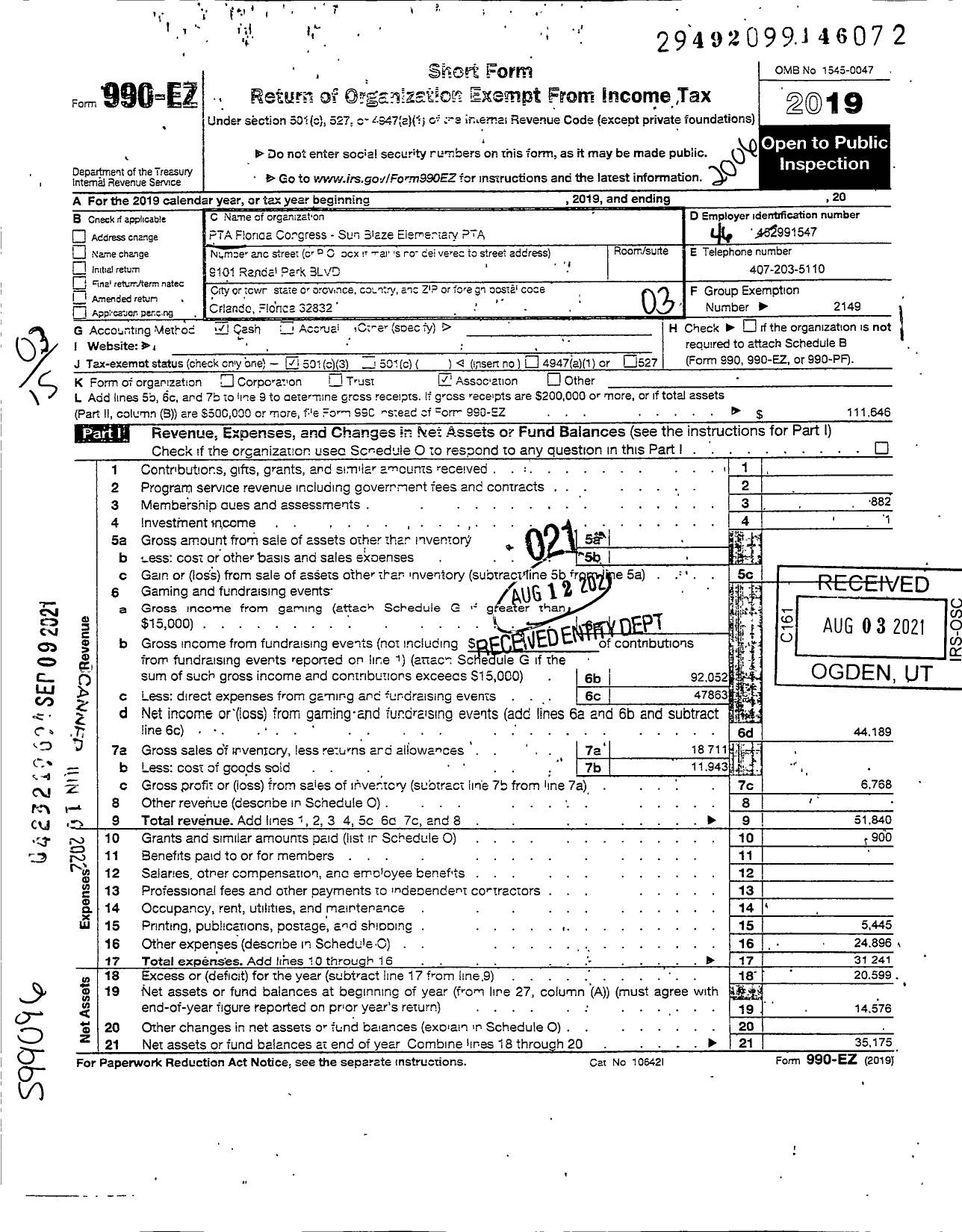 Image of first page of 2019 Form 990EZ for PTA Florida Congress - Sun Blaze Elementary PTA