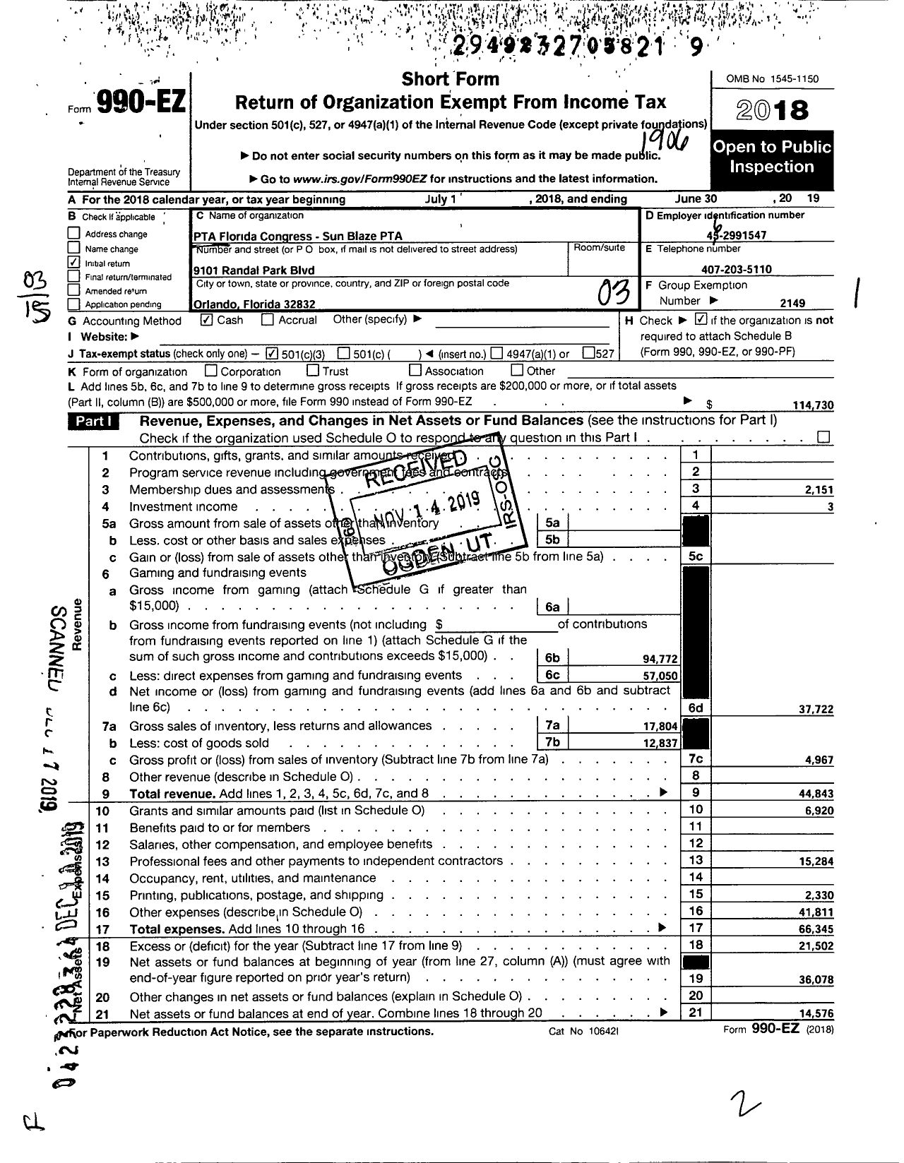 Image of first page of 2018 Form 990EZ for PTA Florida Congress - Sun Blaze Elementary PTA