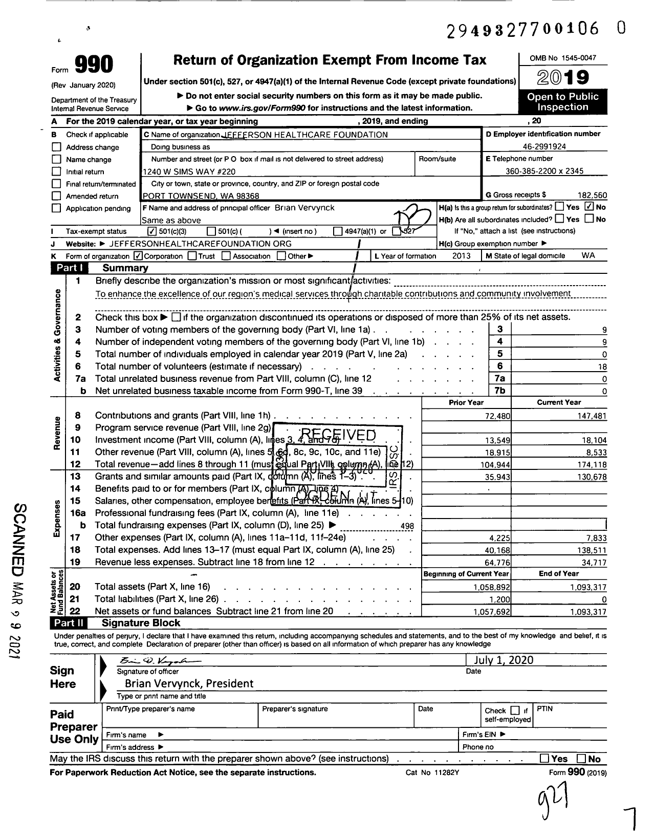 Image of first page of 2019 Form 990 for Jefferson Healthcare Foundation