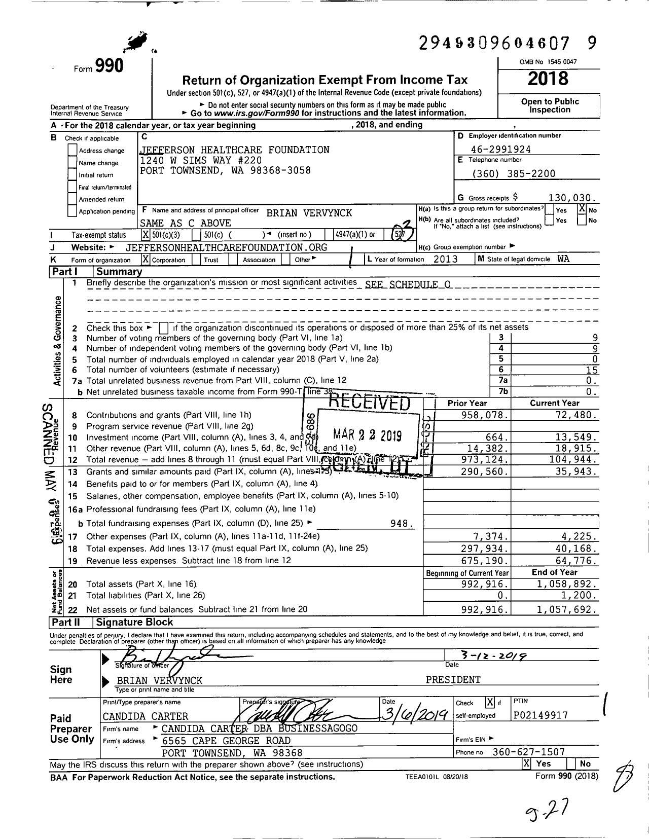 Image of first page of 2018 Form 990 for Jefferson Healthcare Foundation