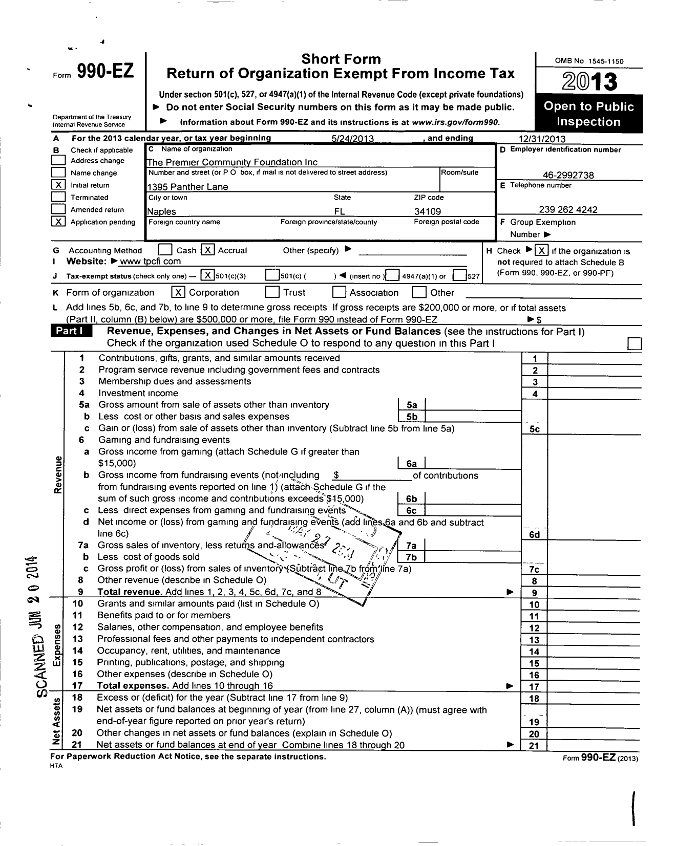 Image of first page of 2013 Form 990EZ for The Premier Foundation