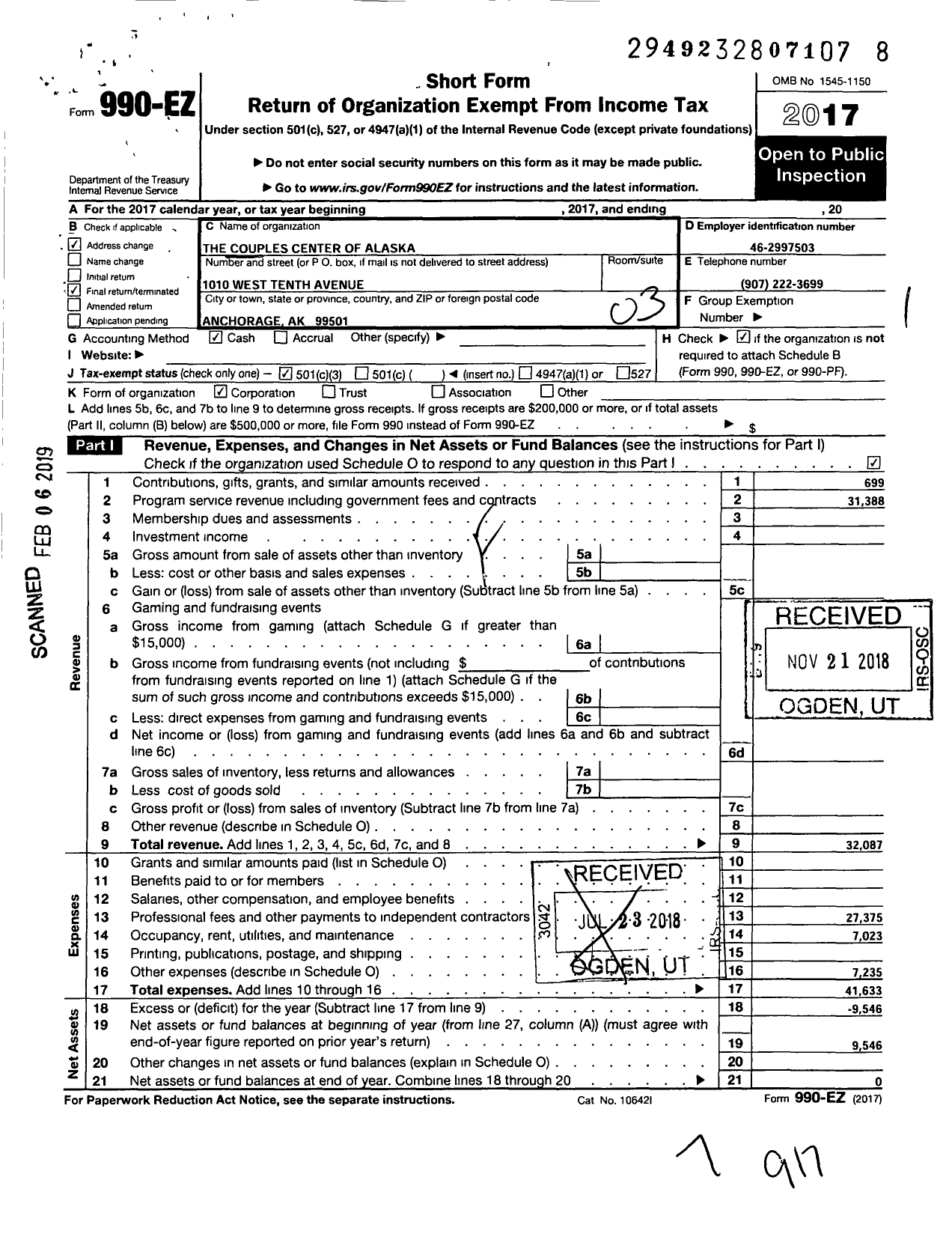 Image of first page of 2017 Form 990EZ for The Couples Center of Alaska