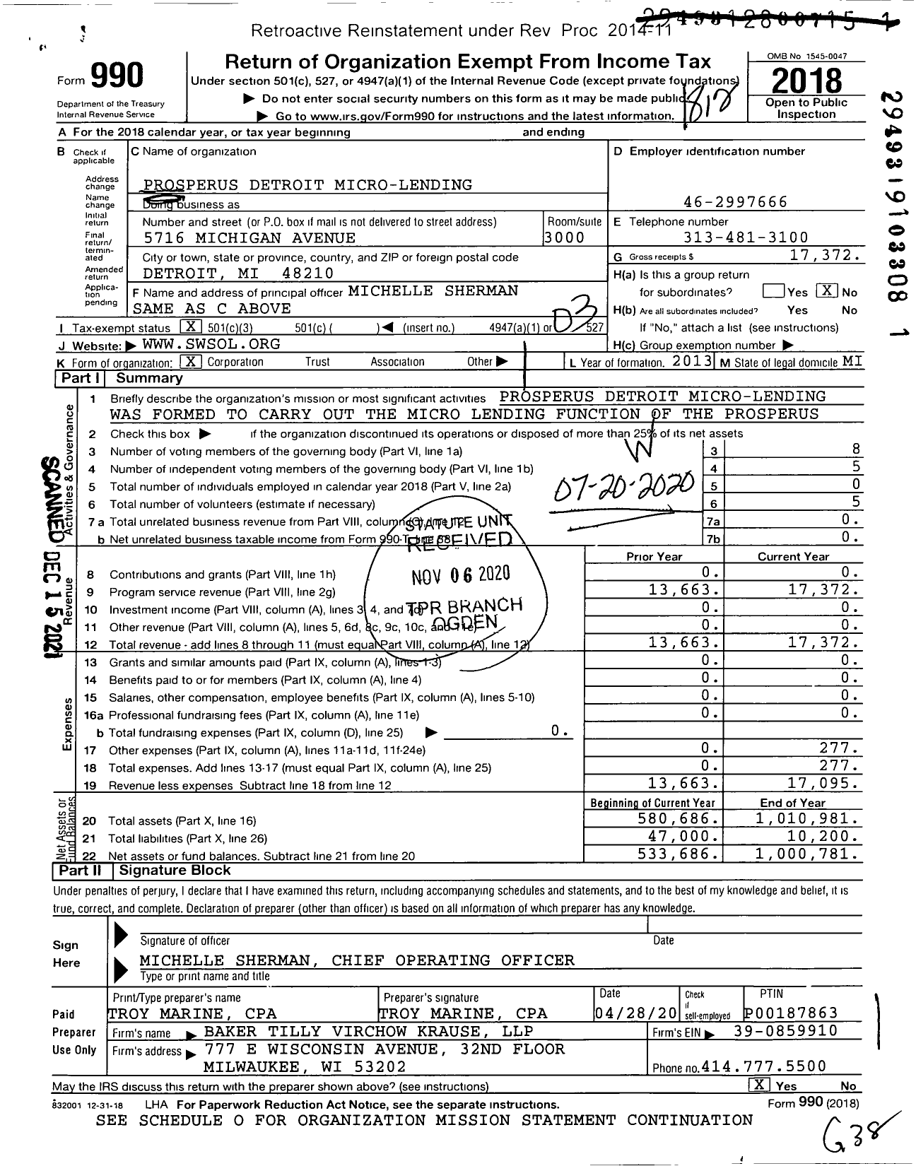 Image of first page of 2018 Form 990 for Prosperus Detroit Micro-Lending