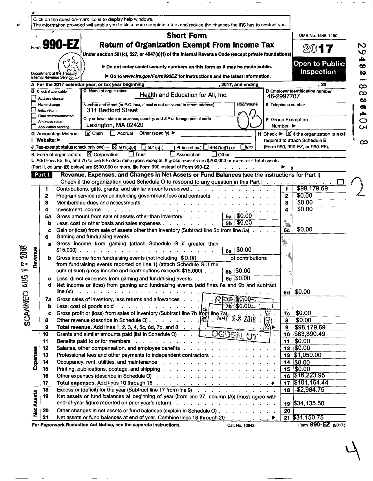 Image of first page of 2017 Form 990EZ for Health and Education for All