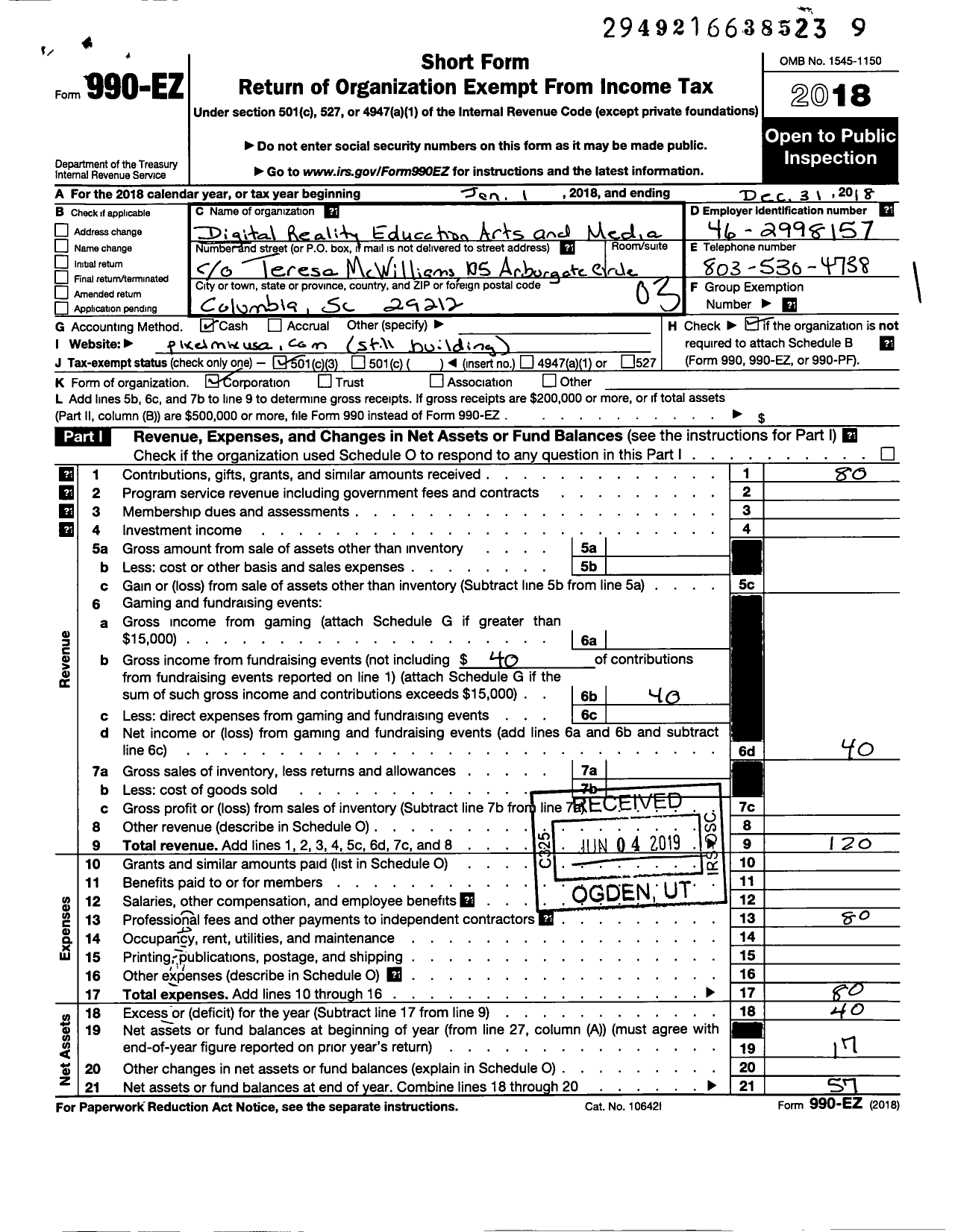 Image of first page of 2018 Form 990EZ for Digital Reality Education Arts and Media