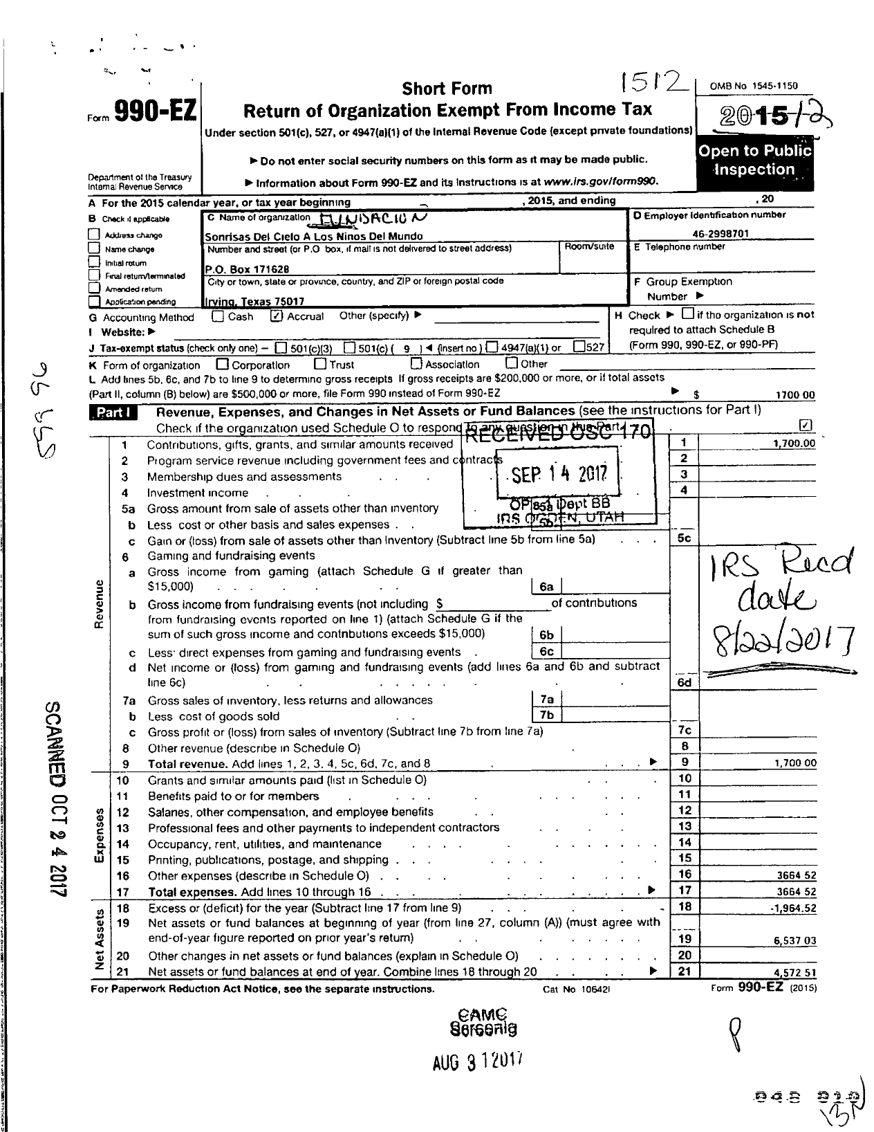 Image of first page of 2015 Form 990EO for Fundacion Sonrisas Del Cielo A Los Ninos Del Mundo