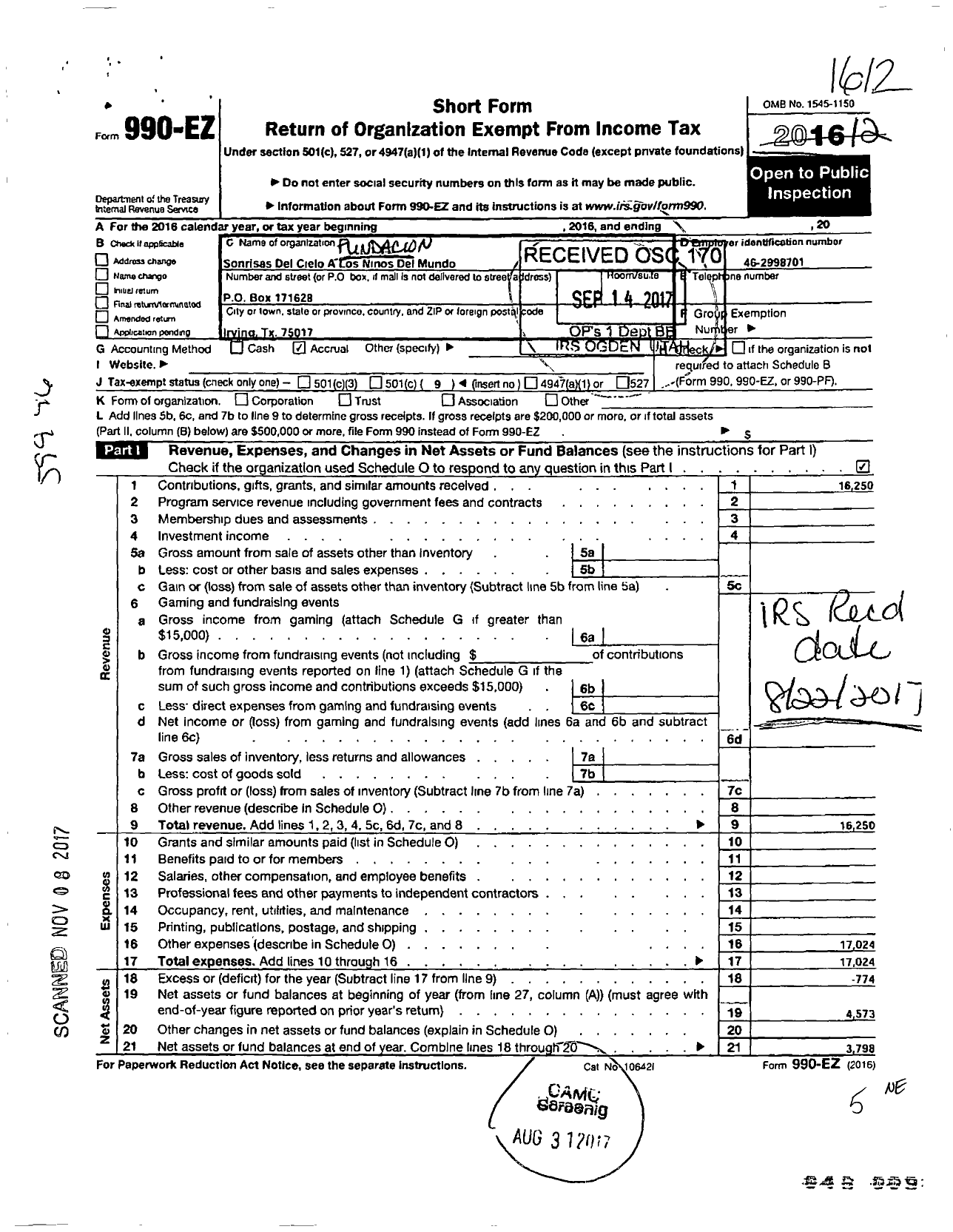 Image of first page of 2016 Form 990EO for Fundacion Sonrisas Del Cielo A Los Ninos Del Mundo