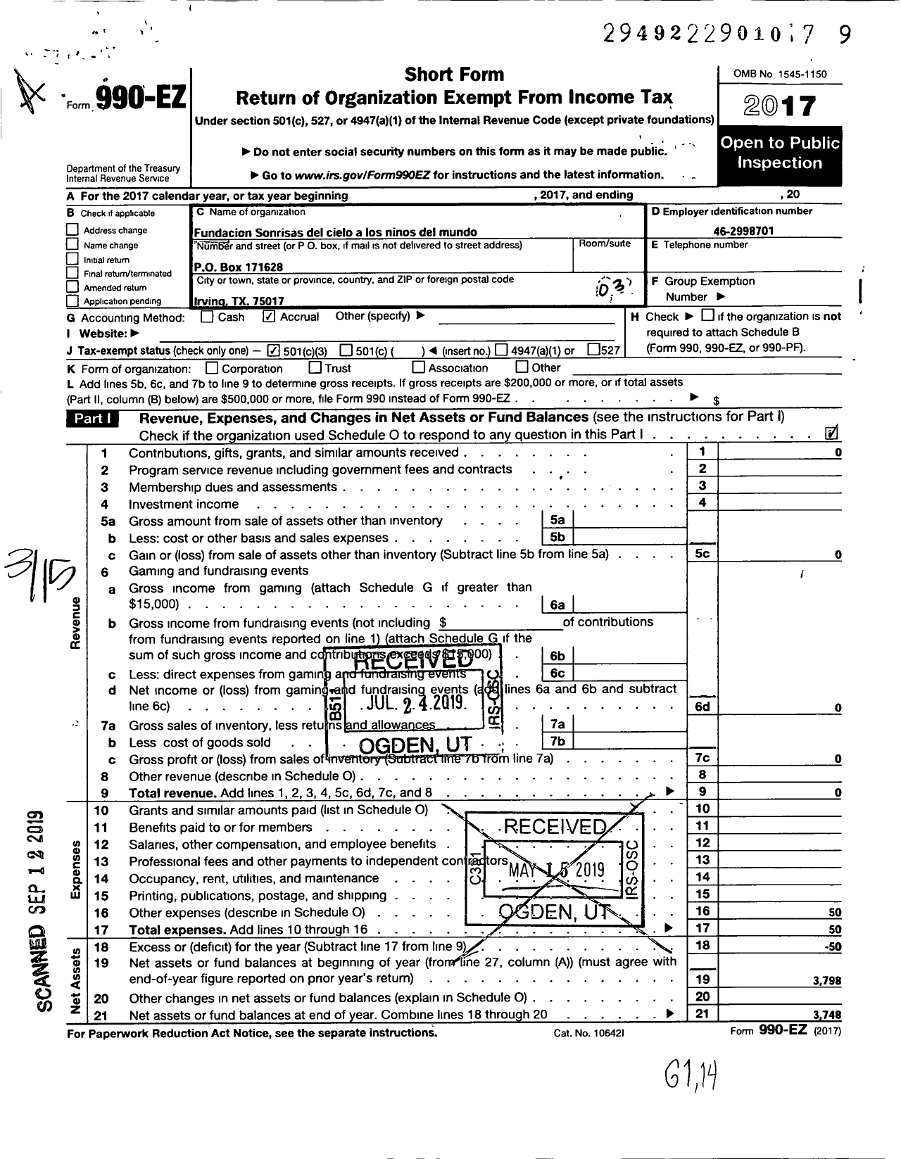 Image of first page of 2017 Form 990EZ for Fundacion Sonrisas Del Cielo A Los Ninos Del Mundo