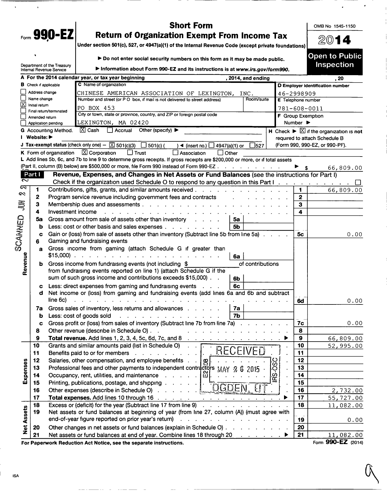 Image of first page of 2014 Form 990EZ for Chinese American Association of Lexington (CAAL)