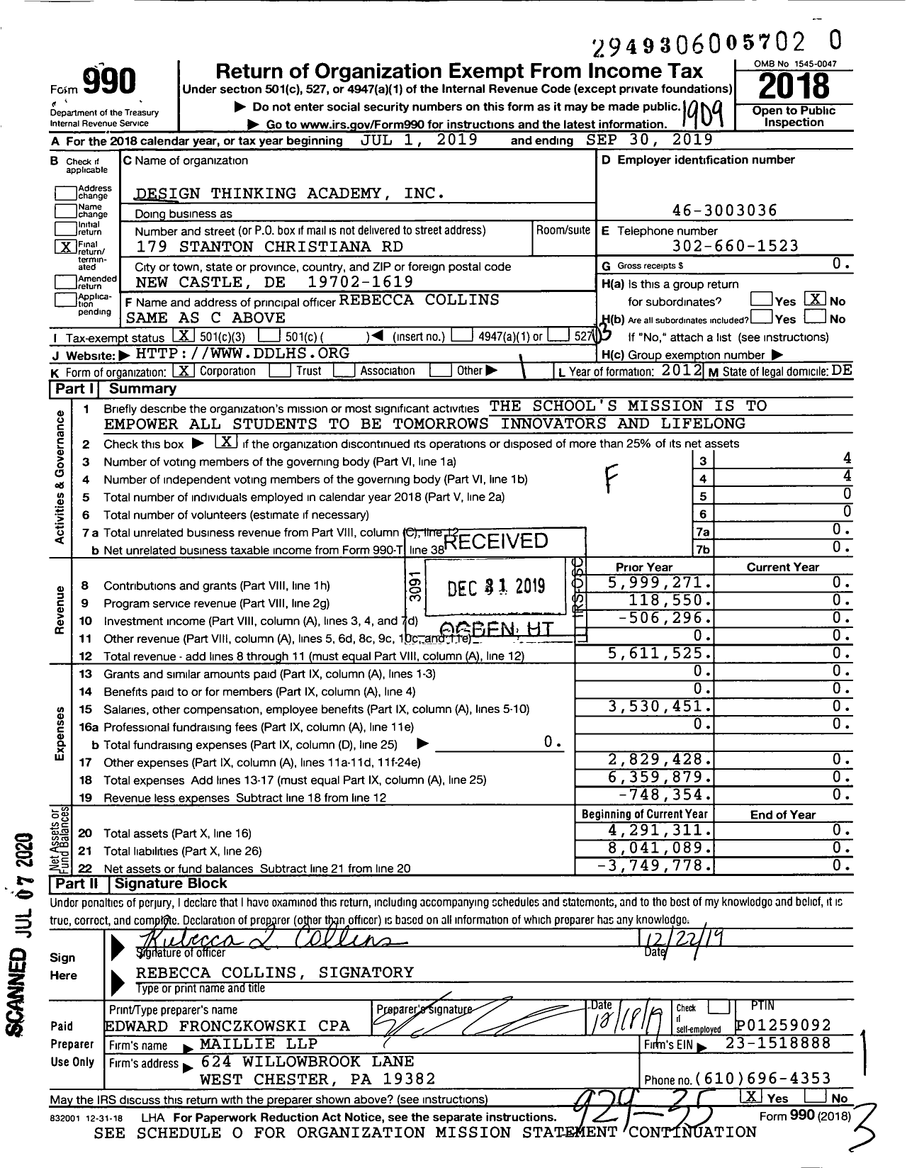 Image of first page of 2018 Form 990 for Design Thinking Academy