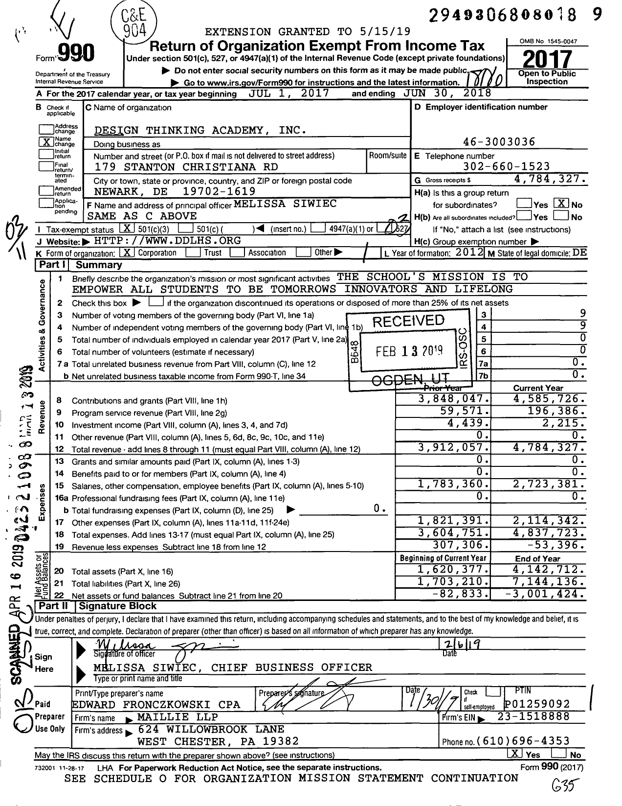 Image of first page of 2017 Form 990 for Design Thinking Academy