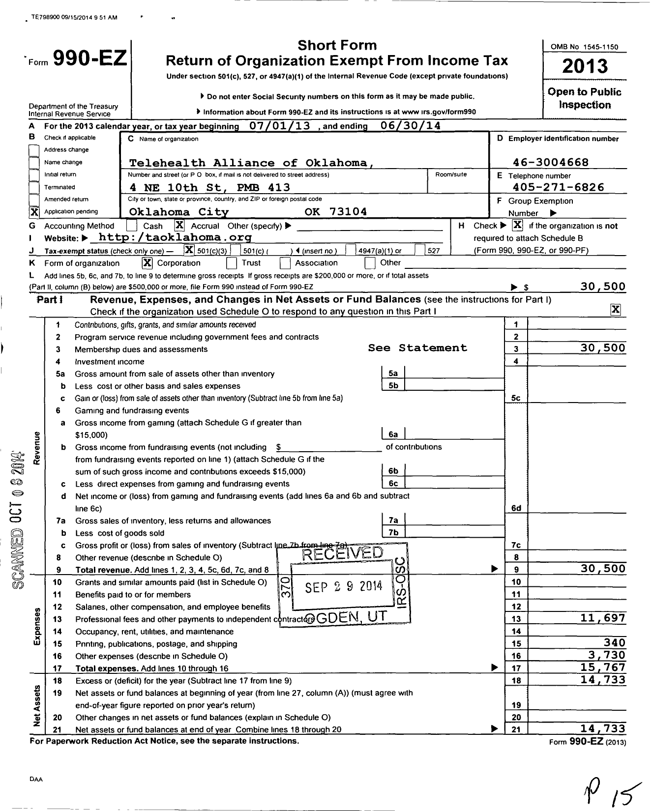 Image of first page of 2013 Form 990EZ for Telehealth Alliance of Oklahoma